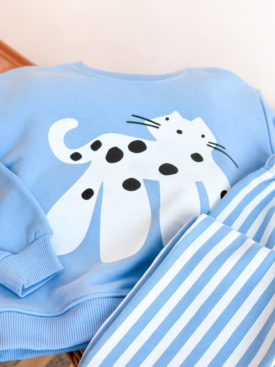 Kedi Desen Unisex Açık Mavi 3 İplik %100 Pamuk Altüst Takım