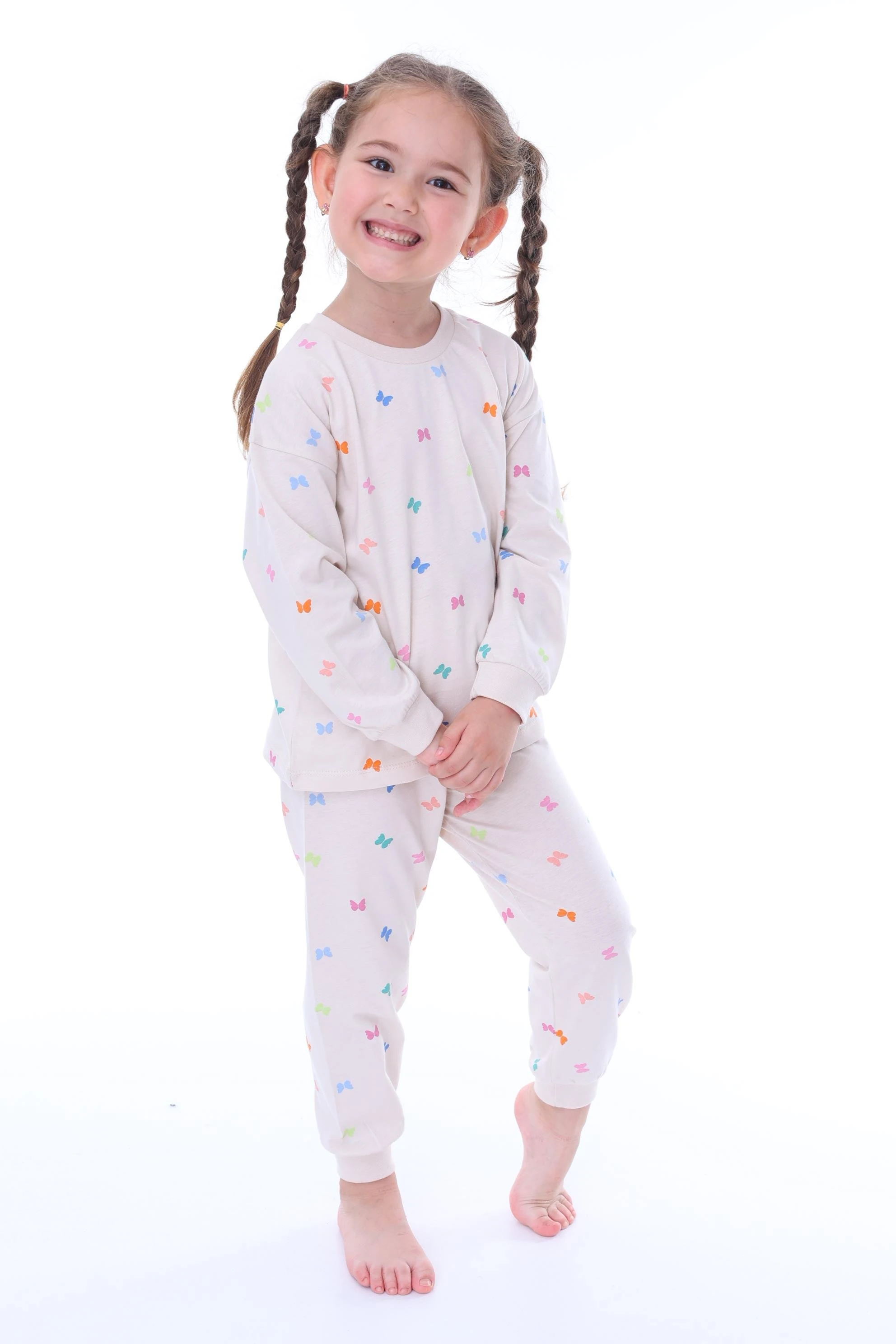 MinyKids Kelebek Desenli Krem Çocuk Pijama Takımı