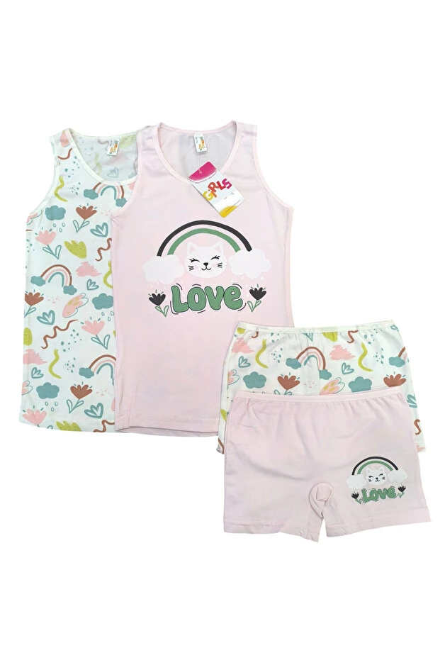 Kedi Desen Beyaz-Pembe Kız Çocuk 2 li Atlet ve 2 li Boxer Takım