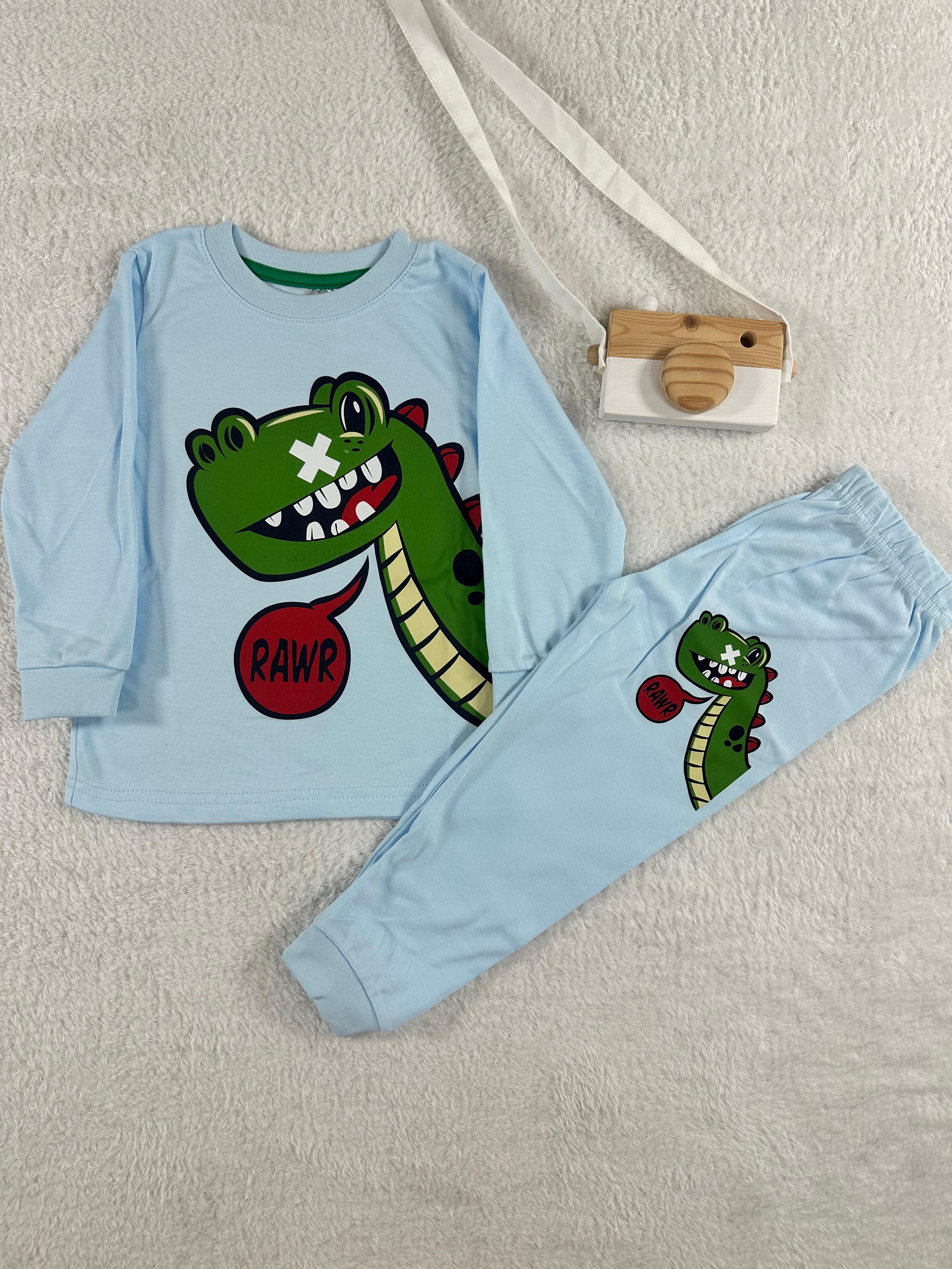 MinyKids Dinozor Desen Mavi Erkek Çocuk Pijama Takım