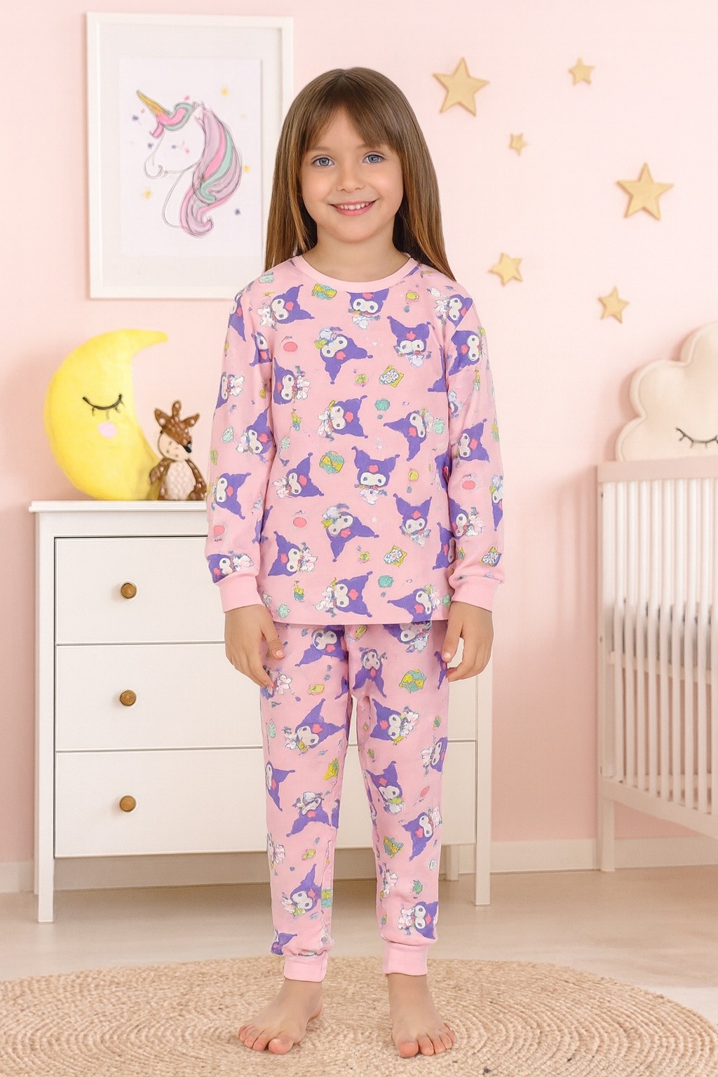 MinyKids Stitch Desen %100 Pamuklu Pembe Kız Çocuk Pijama Takım
