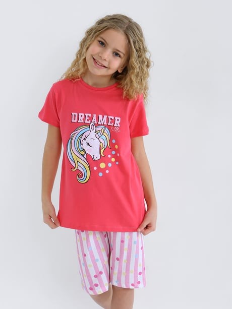 MinyKids Unicorn Desen Koyu Pembe Kapri %100 Pamuklu Kız Çocuk Pijama Takım
