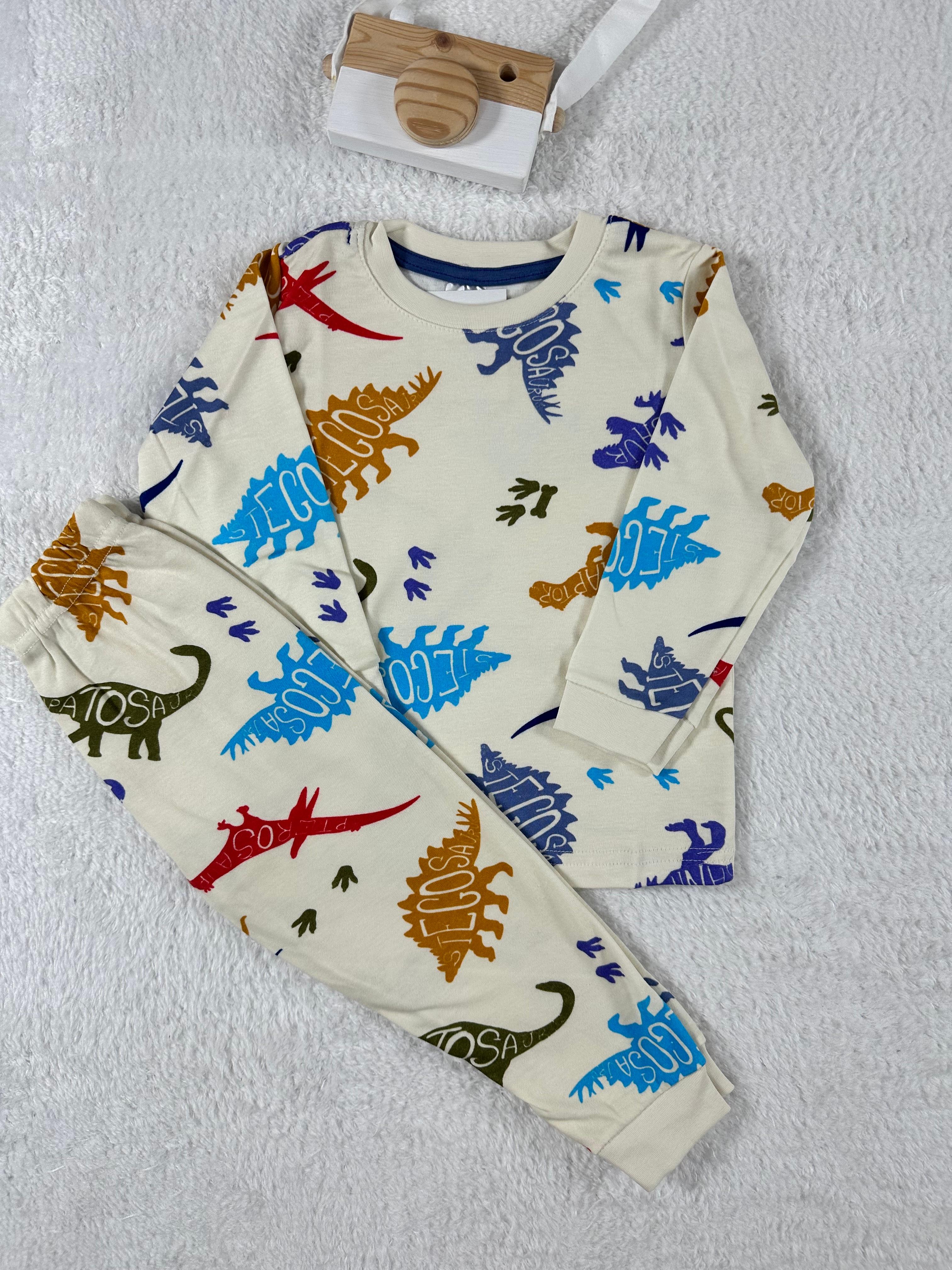 MinyKids Dinozor Desen Krem Renk Erkek Çocuk Pijama Takım