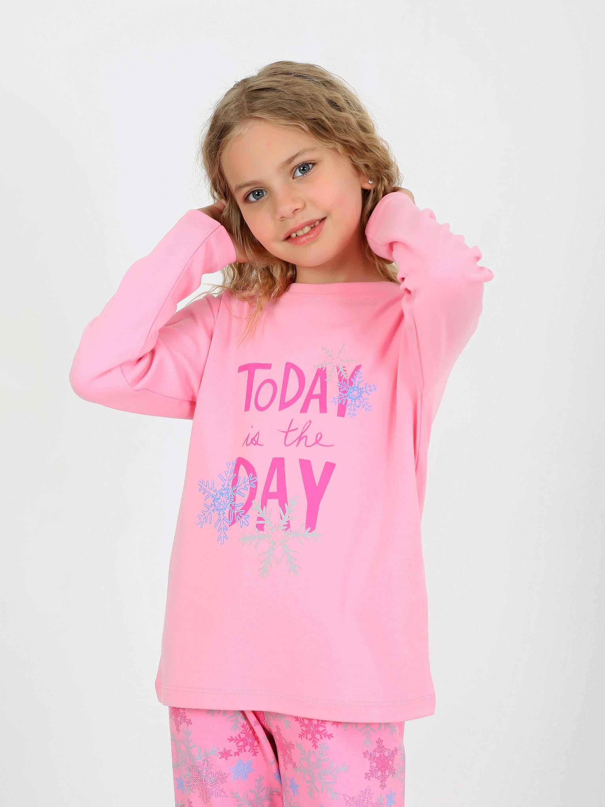 MinyKids Kar Tanesi Desen Pembe Kız Çocuk Pijama Takım