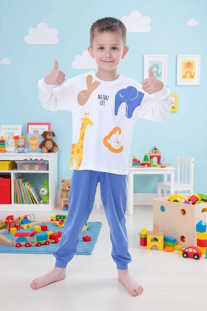 Safari Desen Beyaz %100 Pamuk Erkek Çocuk Pijama Takım