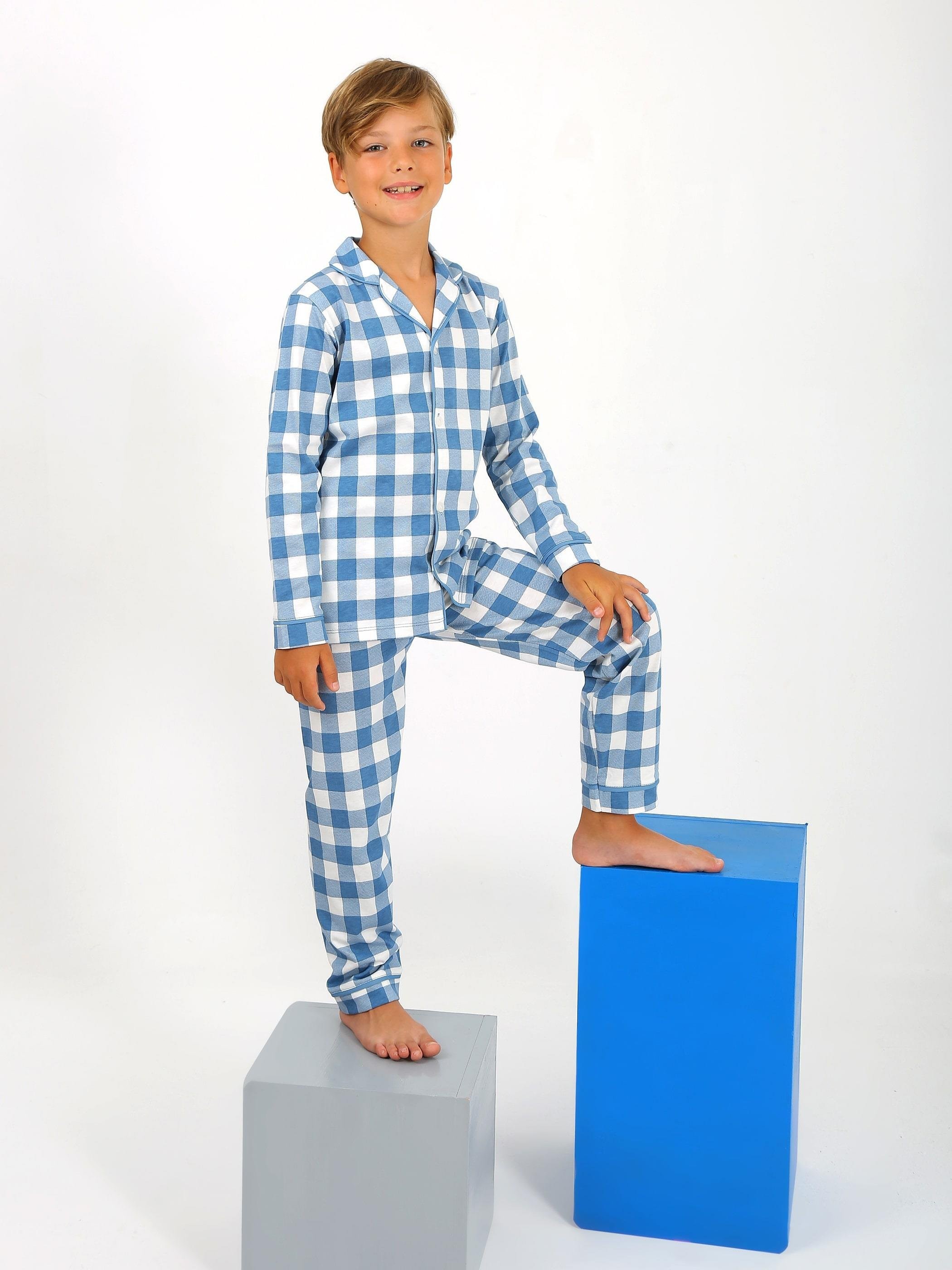 MinyKids Kareli %100 Pamuklu Düğmeli Erkek Çocuk Pijama Takım