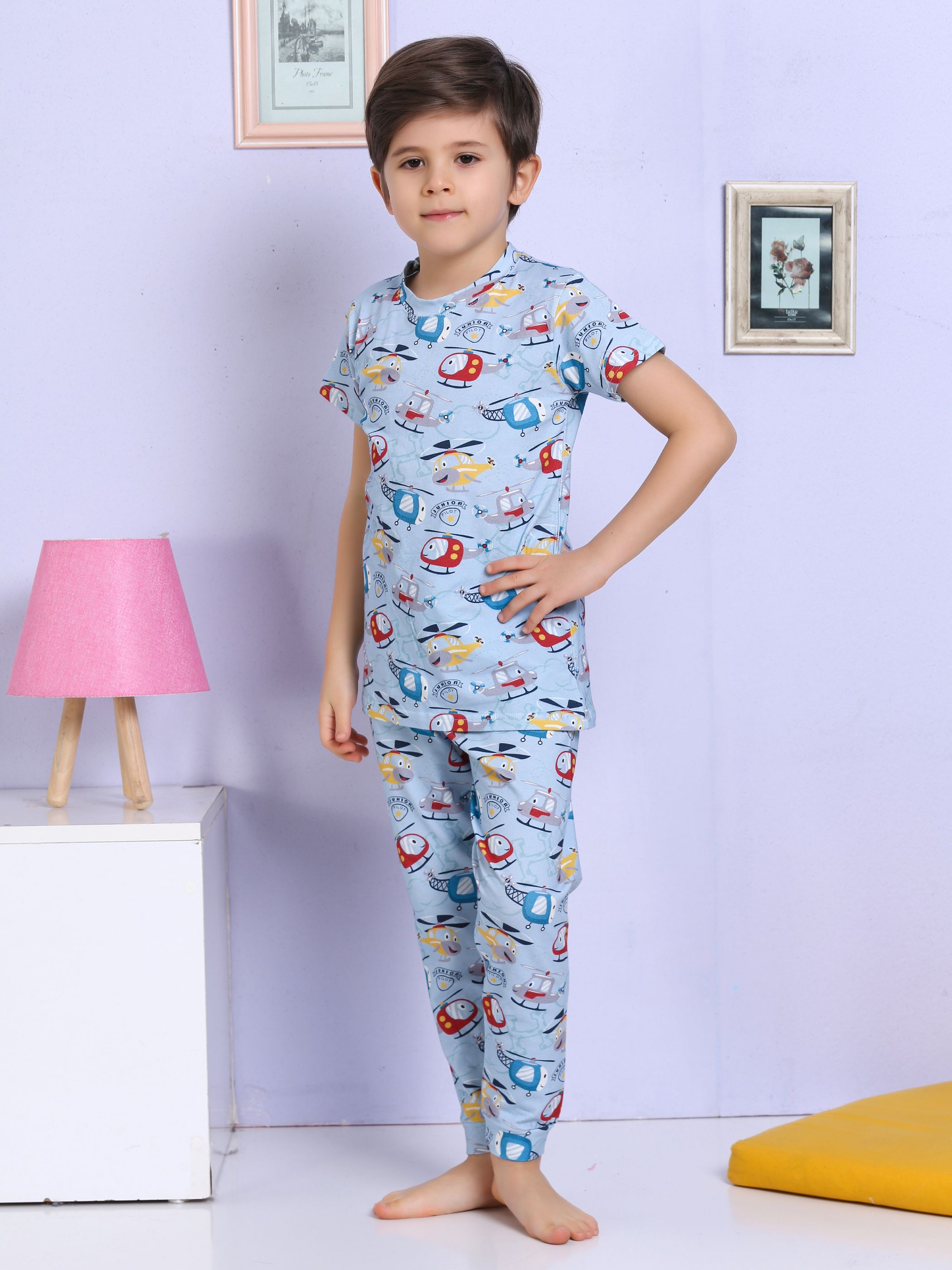 MinyKids Helikopter Desenli Mavi Pijama Takımı