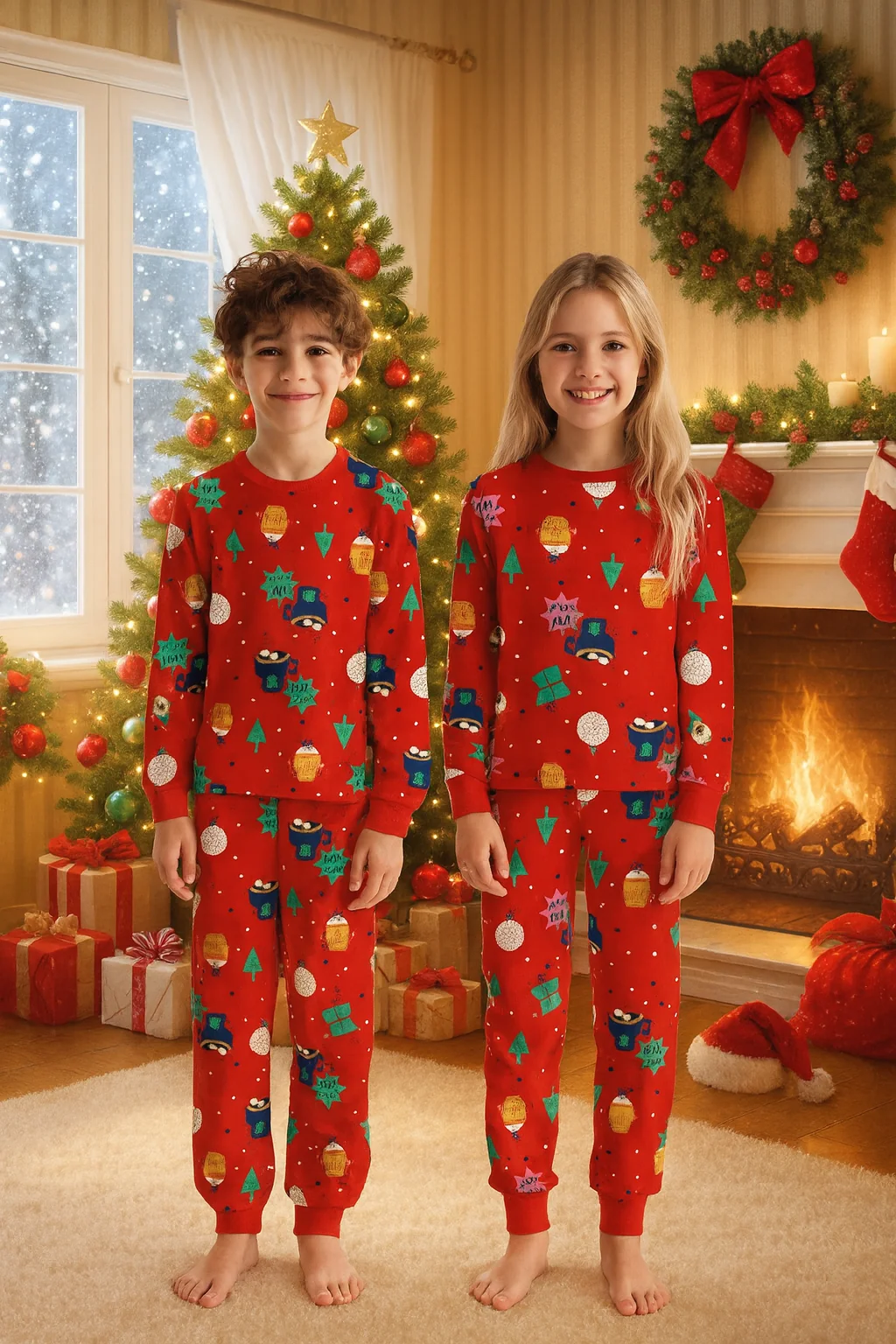 Yılbaşı Desen Kırmızı Unisex 1-13 Yaş Çocuk Pijama Takım