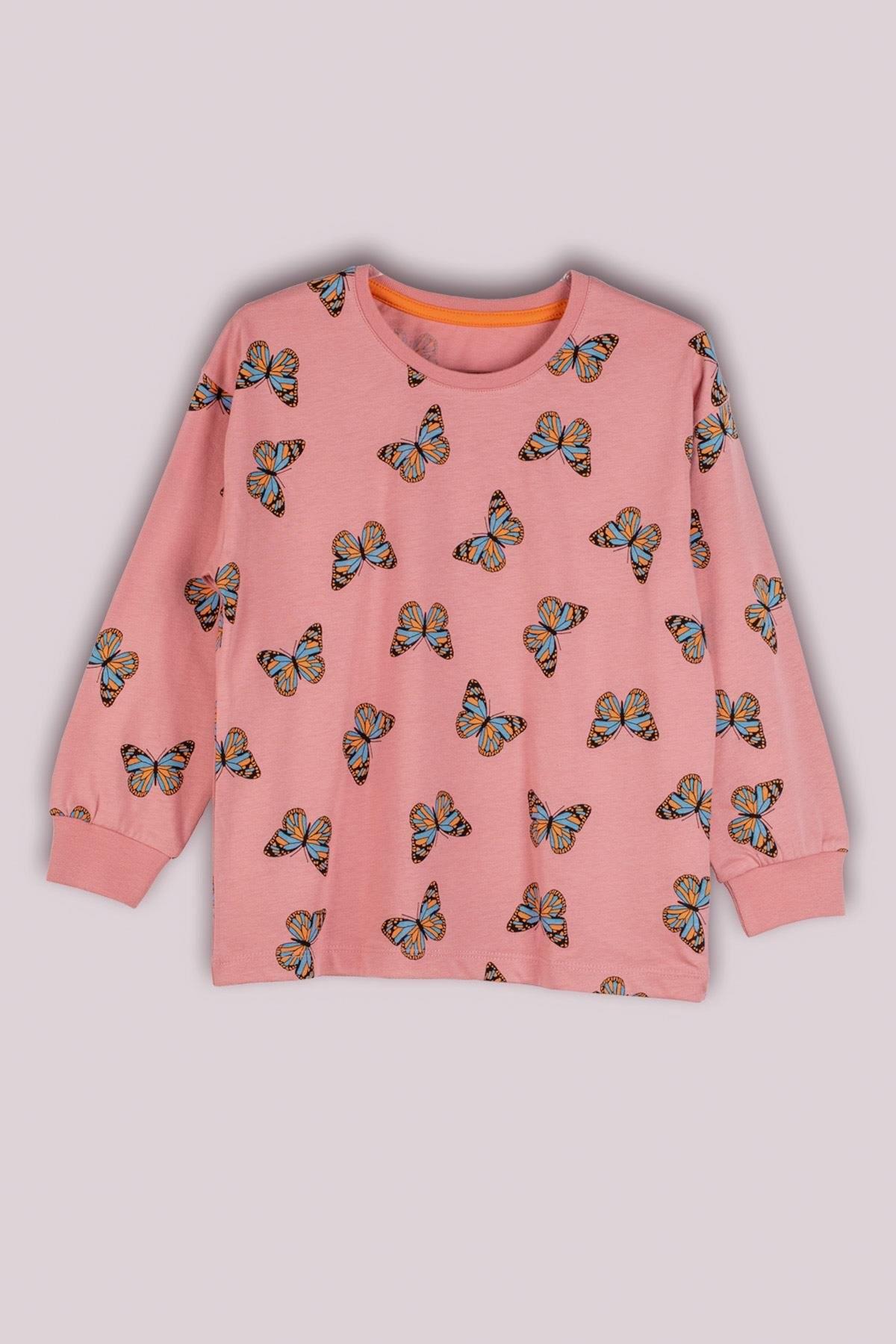 MinyKids Kelebek Desenli Pembe Çocuk Pijama Takımı