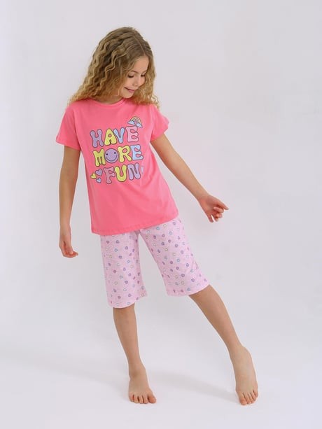 MinyKids Kalp Desen Pembe Kapri %100 Pamuklu Kız Çocuk Pijama Takım