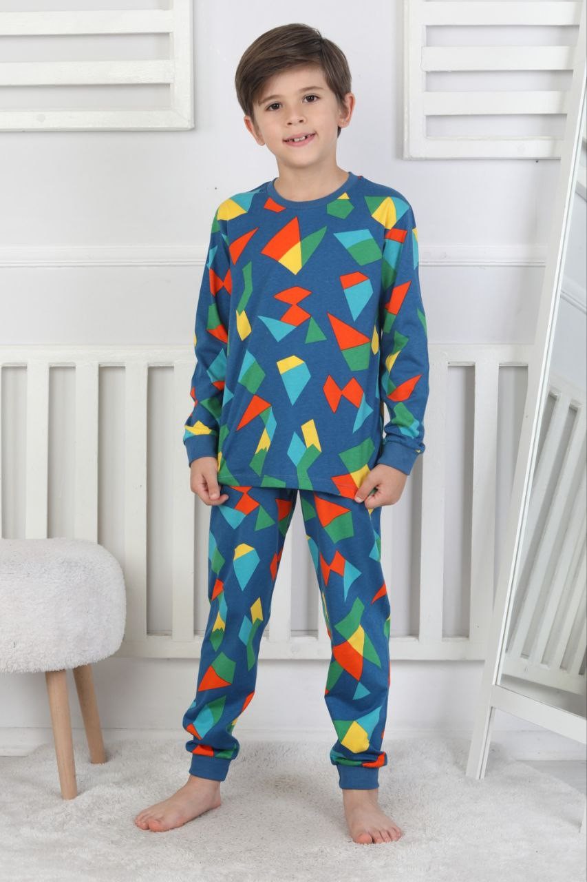 MinyKids Geometrik Desen %100 Pamuk Petrol Mavi Erkek Çocuk Pijama Takım