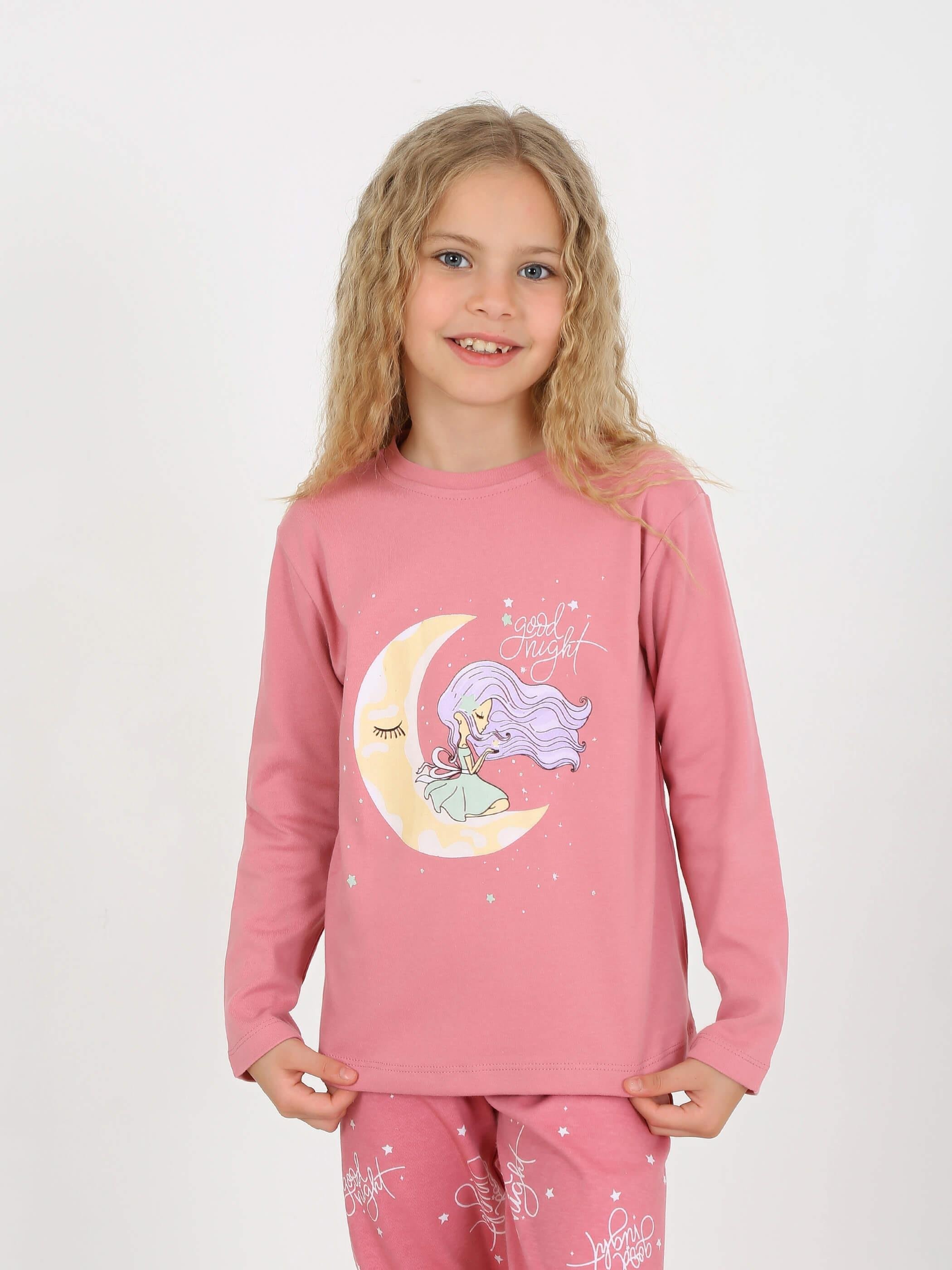 MinyKids Ay Desen Gül Kurusu Kız Çocuk Pijama Takımı