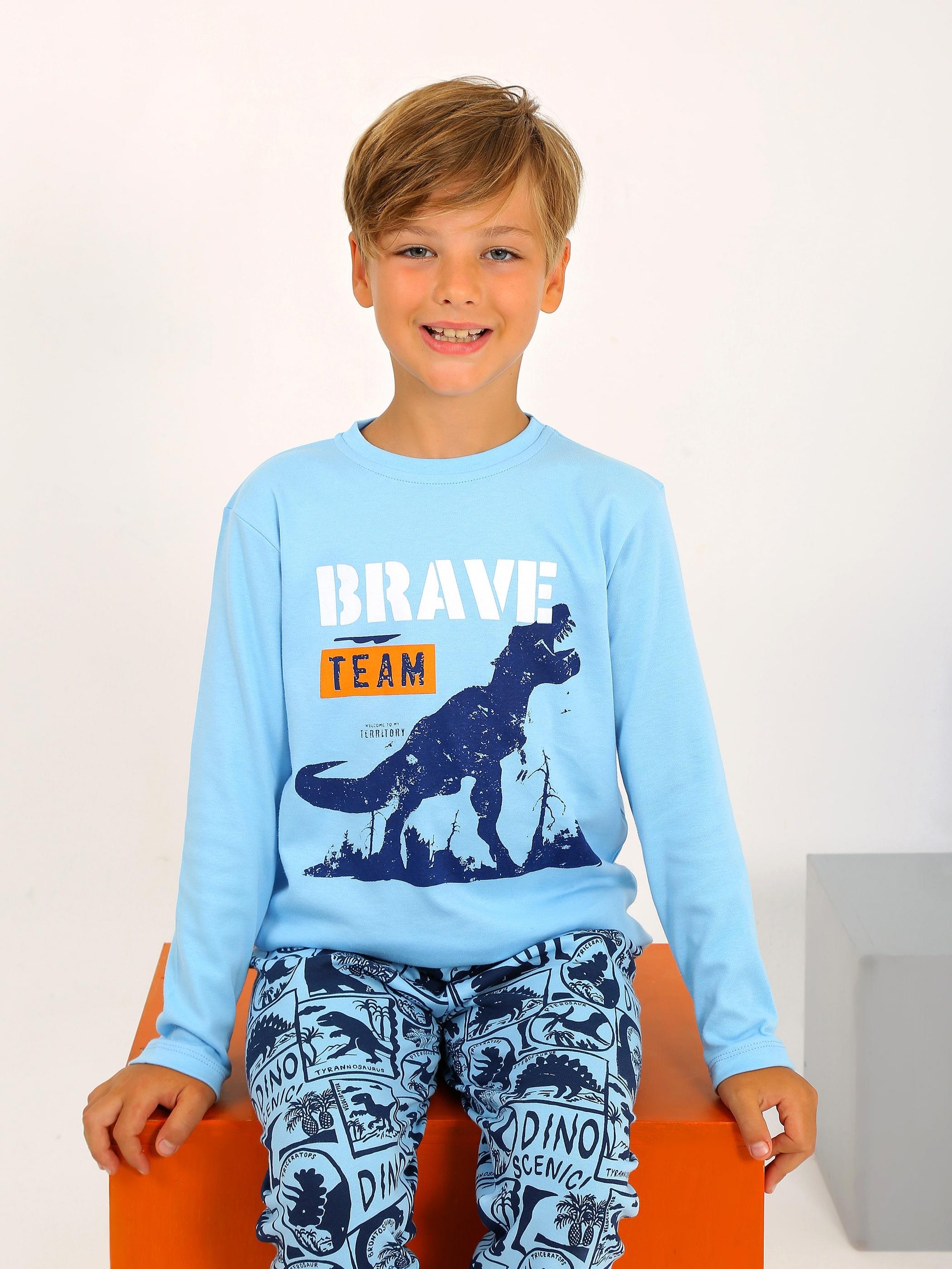 MinyKids Dinozor Desen Koyu Mavi %100 Pamuklu Erkek Çocuk Pijama Takım