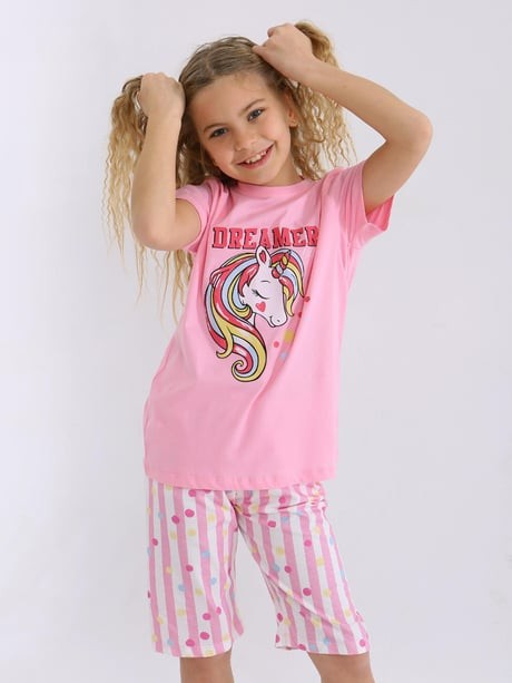 MinyKids Unicorn Desen Pembe Kapri %100 Pamuklu Kız Çocuk Pijama Takım