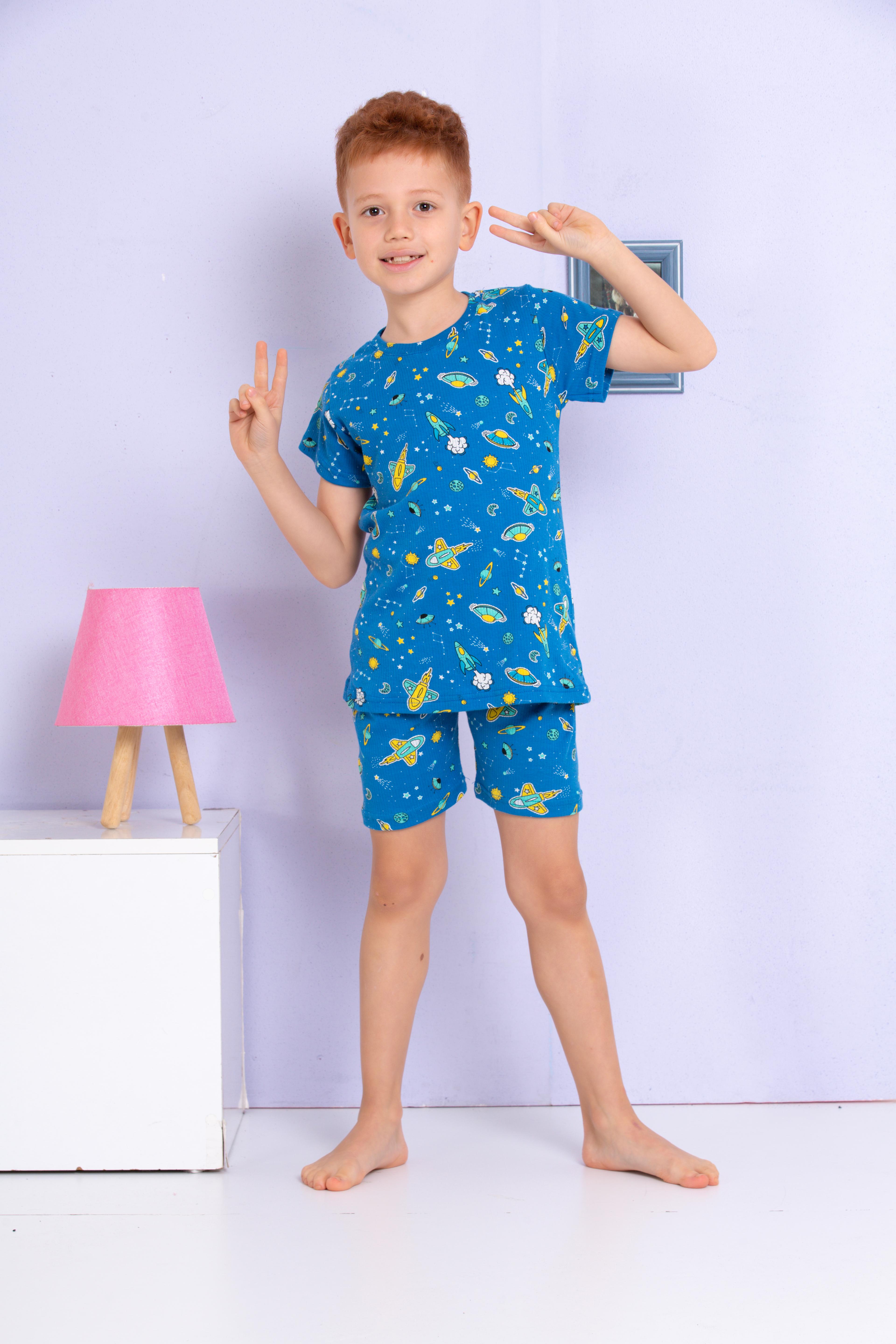 MinyKids Uzay Desenli Fitilli Kumaş Mavi Şortlu Pijama Takımı