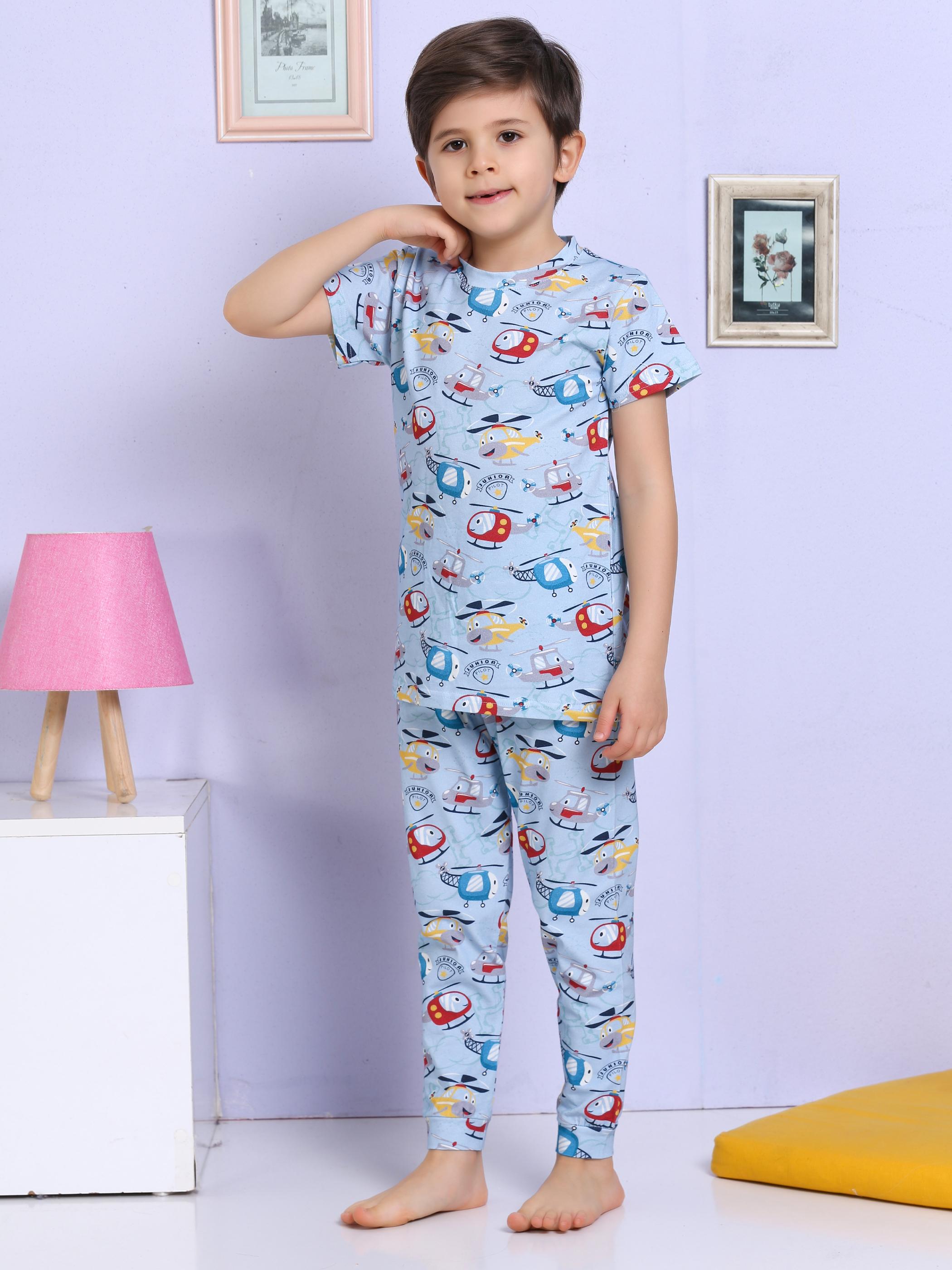 MinyKids Helikopter Desenli Mavi Pijama Takımı