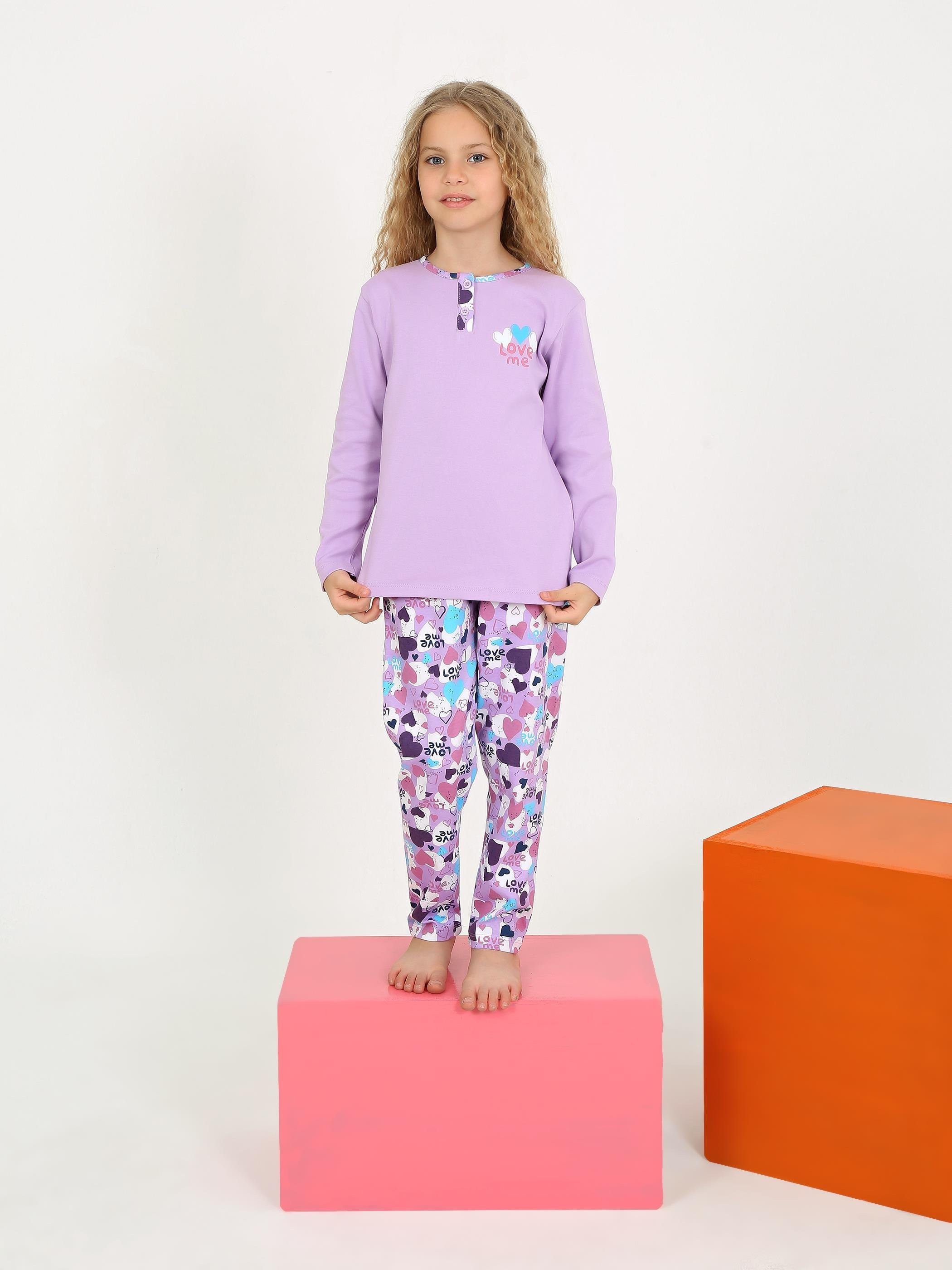 MinyKids Love Lila Düğme Detaylı Kız Çocuk Pijama Takım