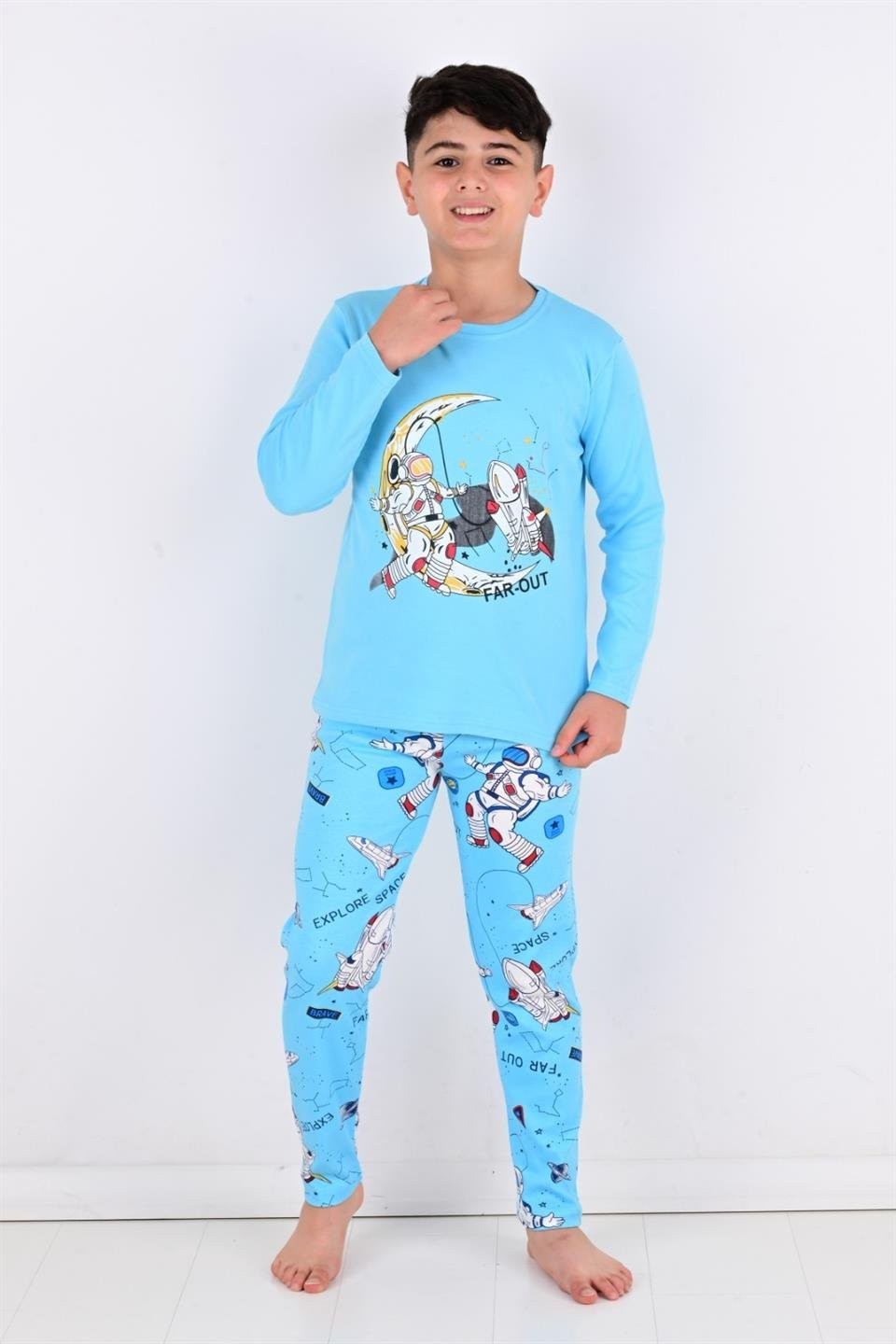 MinyKids Uzay Desen Mavi Erkek Çocuk Pijama Takım