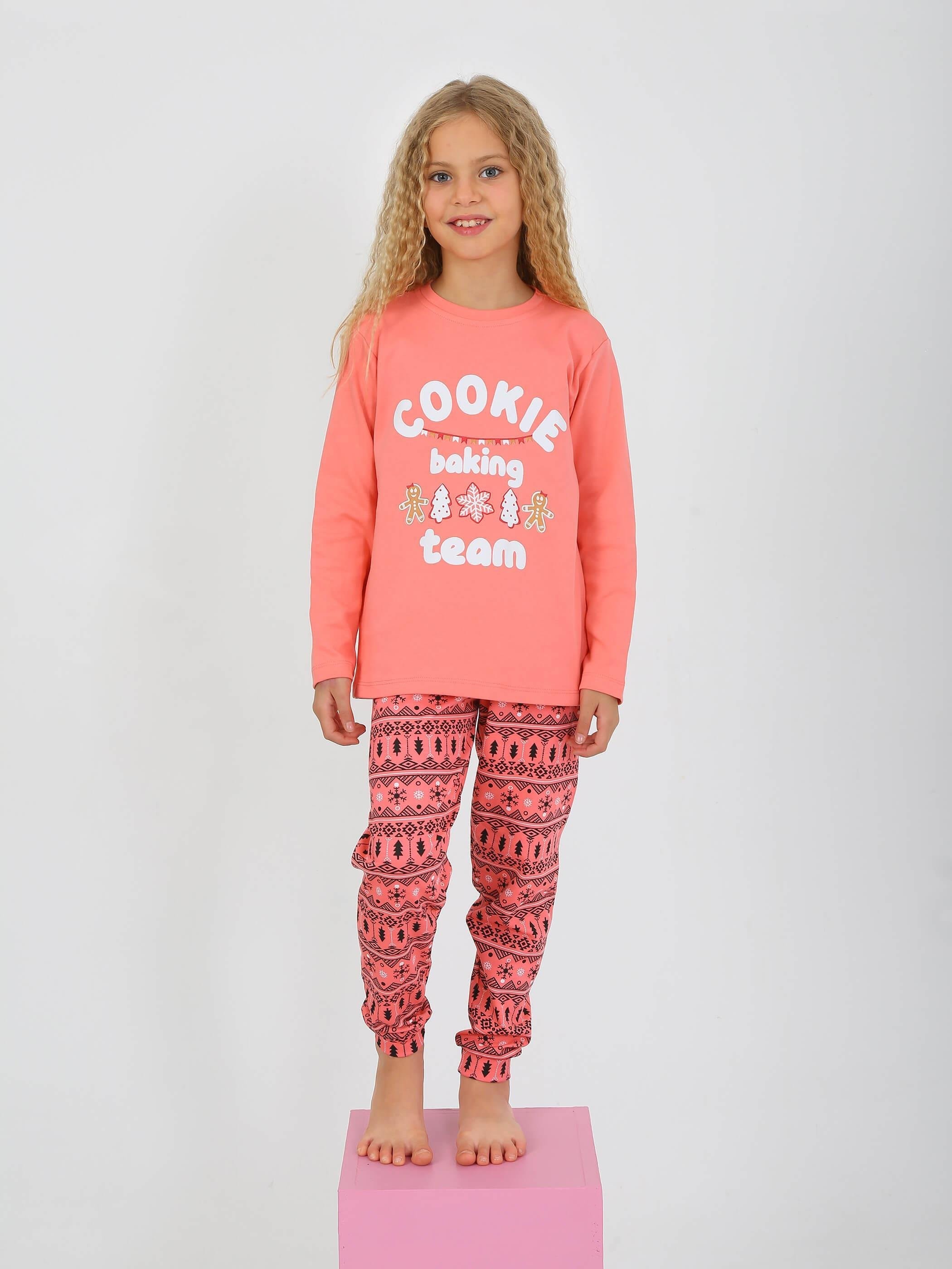 MinyKids Yılbaşı Desen Somon Kız Çocuk Pijama Takım