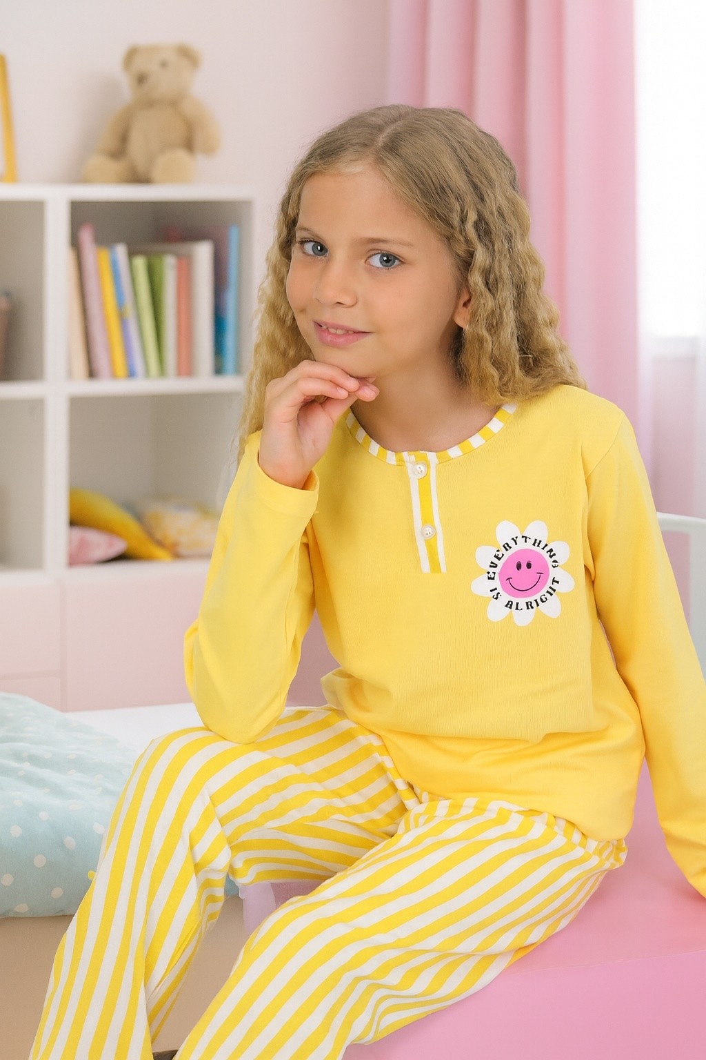 MinyKids Çizgili Düğme Detaylı %100 Pamuk Sarı Kız Çocuk Pijama Takım
