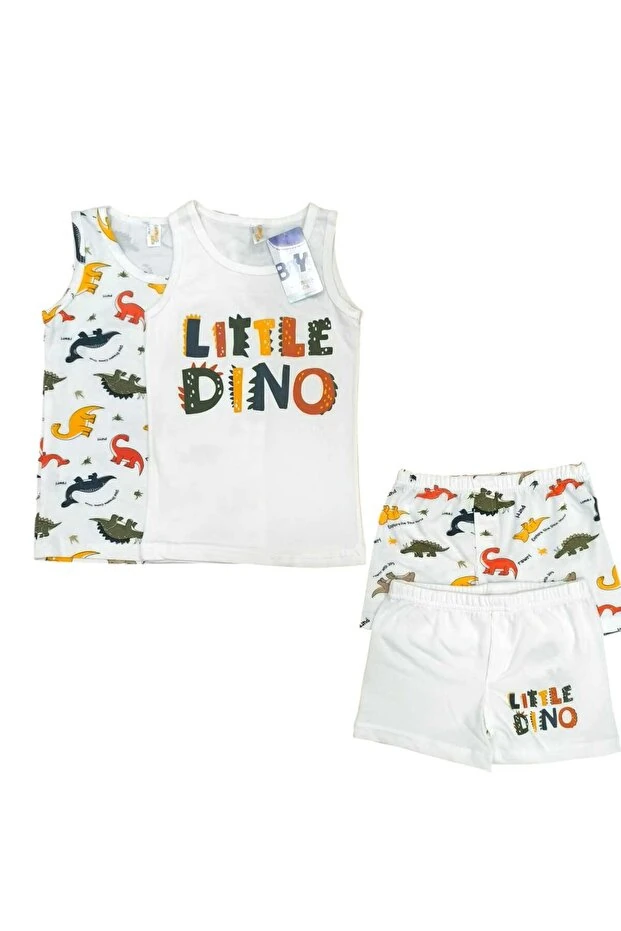 Dinozor Desen Beyaz Erkek Çocuk 2 li Atlet ve 2 li Boxer Takım