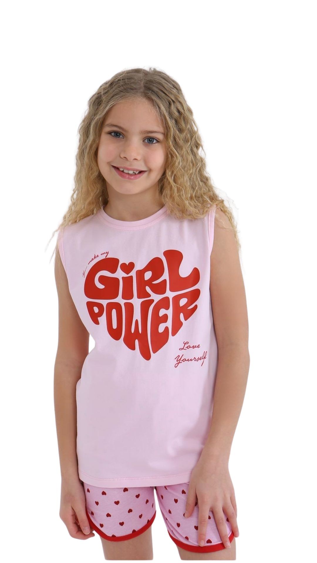 MinyKids Kalp Desen Pembe Askılı Şortlu %100 Pamuklu Kız Çocuk Pijama Takım