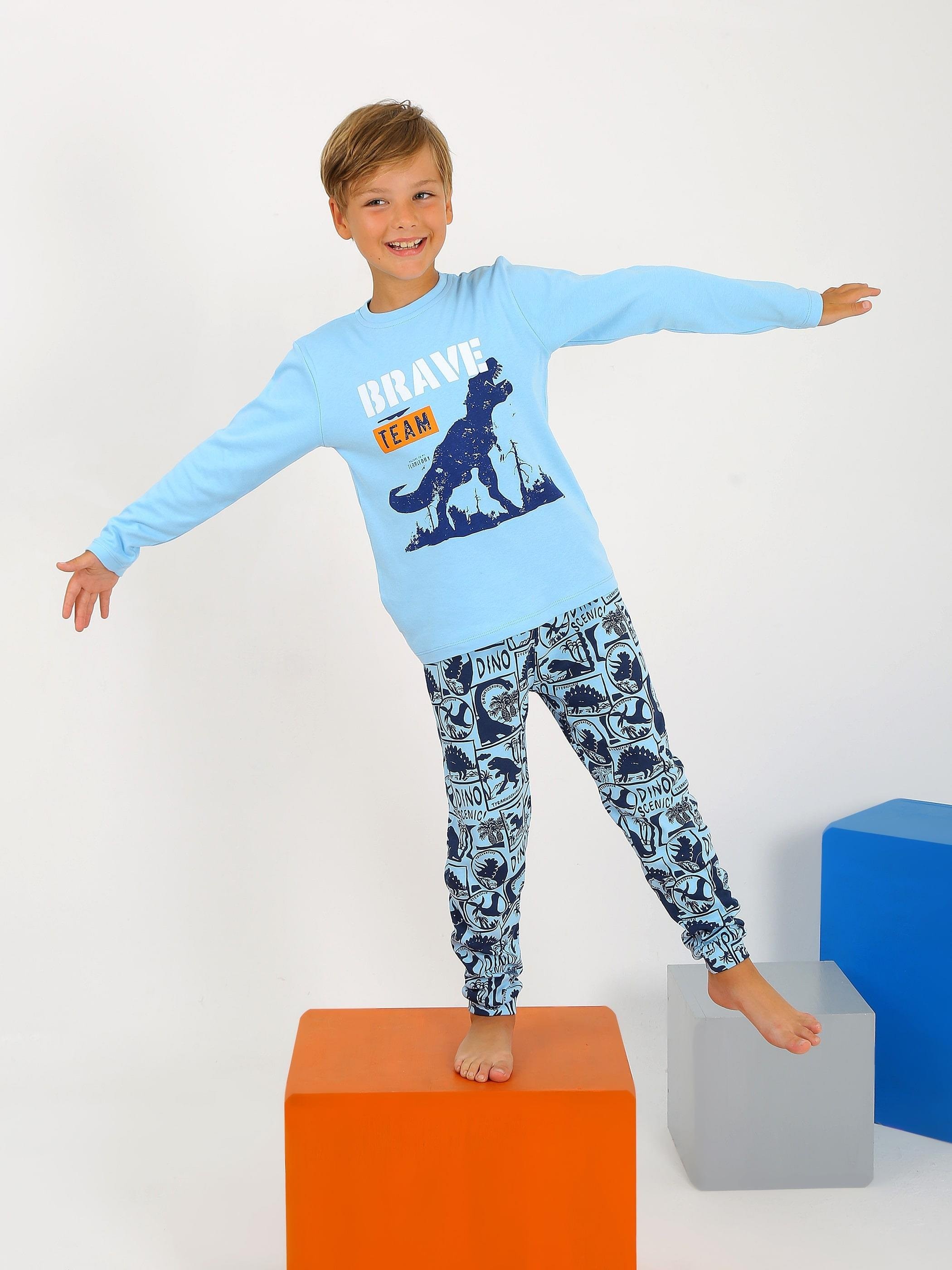 MinyKids Dinozor Desen Koyu Mavi %100 Pamuklu Erkek Çocuk Pijama Takım