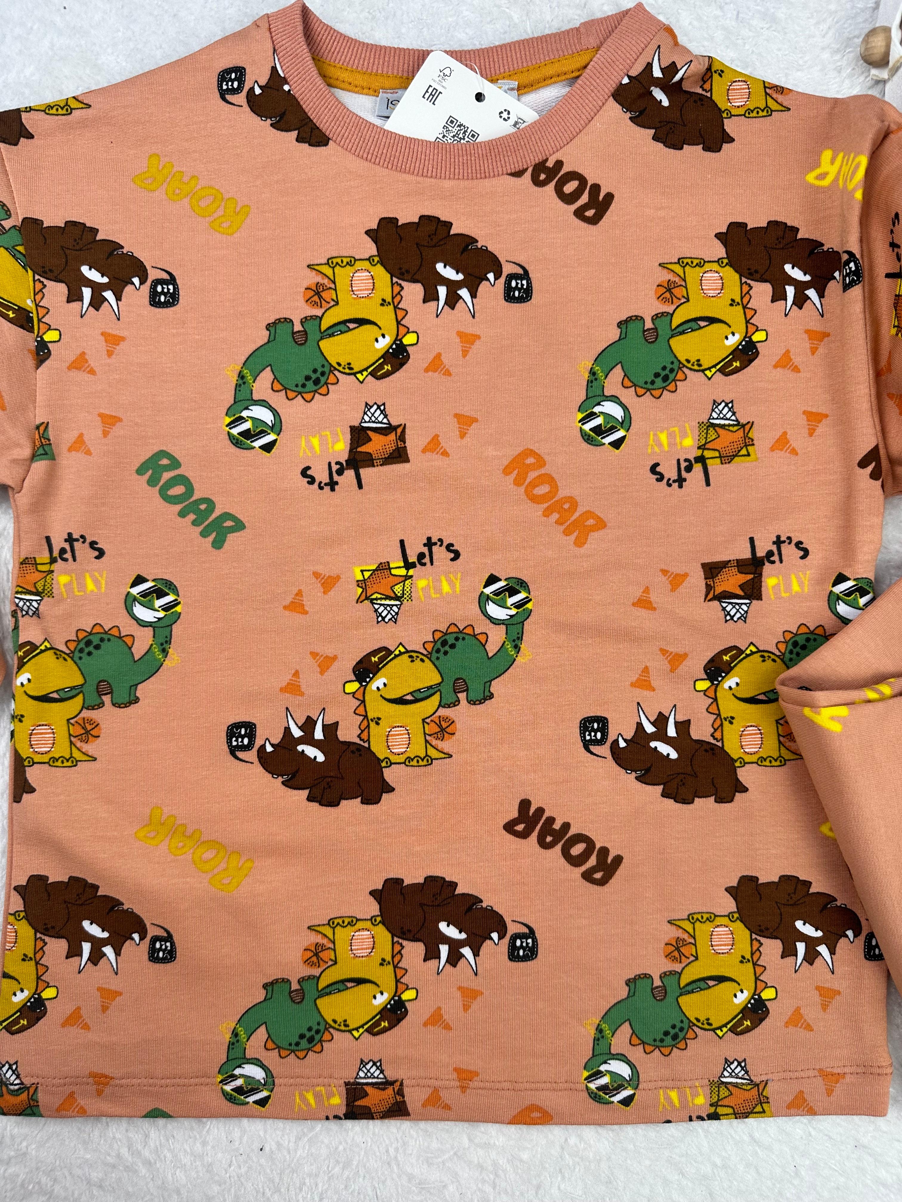 MinyKids Dinozor Desen İki İplik Kiremit Renk Erkek Çocuk Pijama Takım