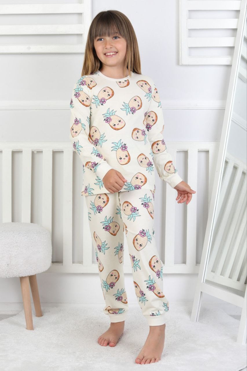 MinyKids Ananas Desen %100 Pamuklu Ekru Kız Çocuk Pijama Takım