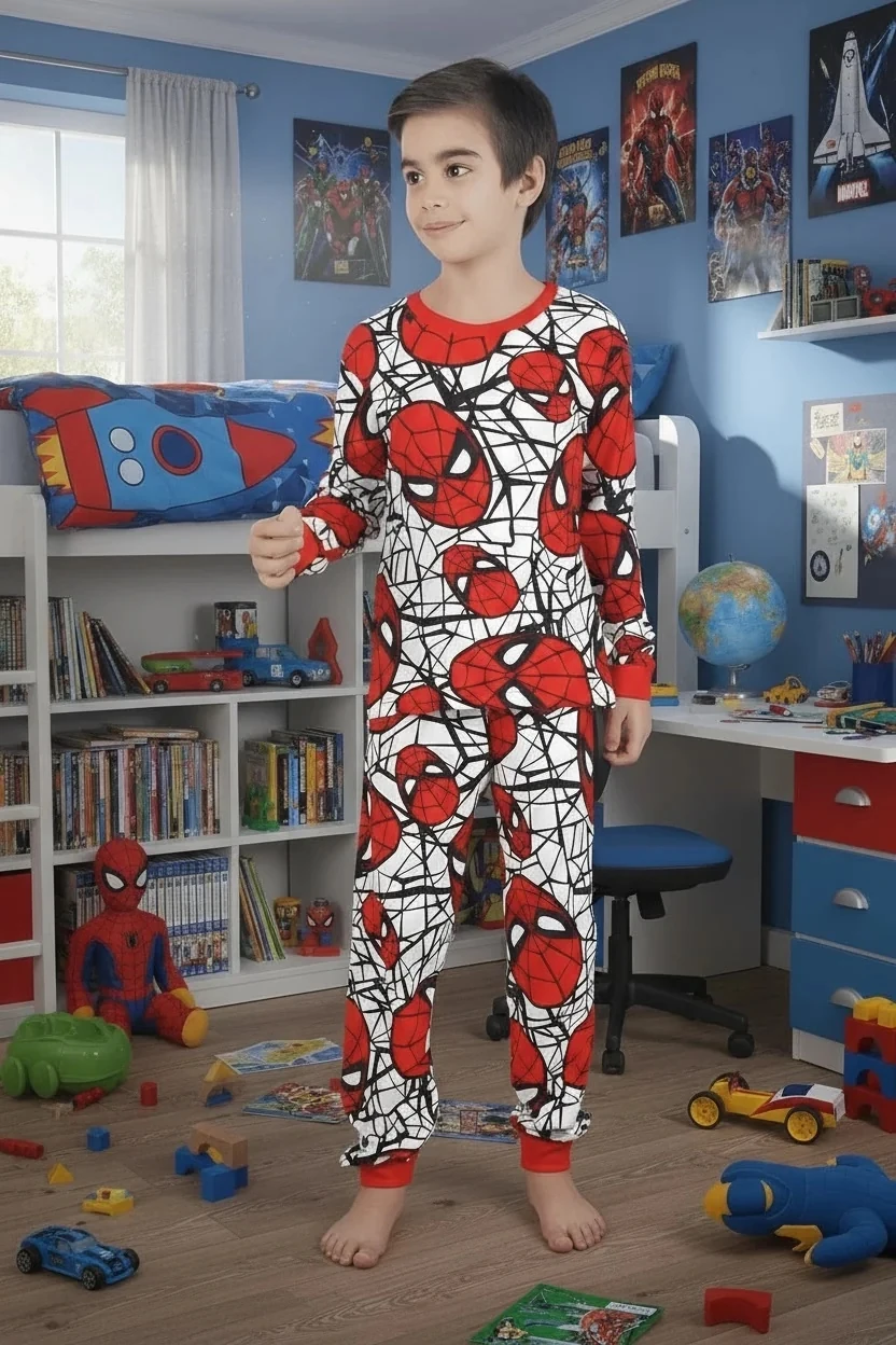 Spiderman Desen %100 Pamuk Beyaz-Kırmızı Erkek Çocuk Pijama Takım