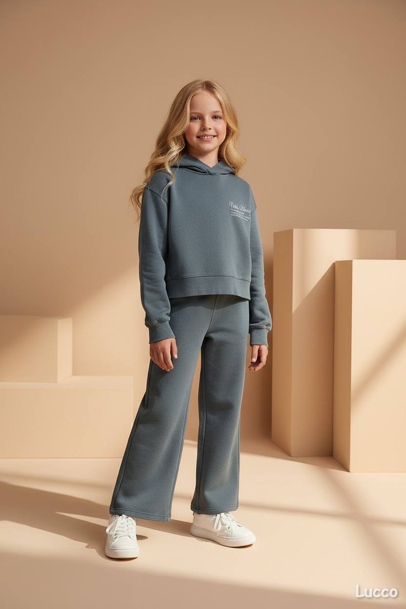 Kapüşonlu Koyu Yeşil Sweatshirt ve Geniş Paça Eşofman Takım %100 Pamuk 5-14 Yaş