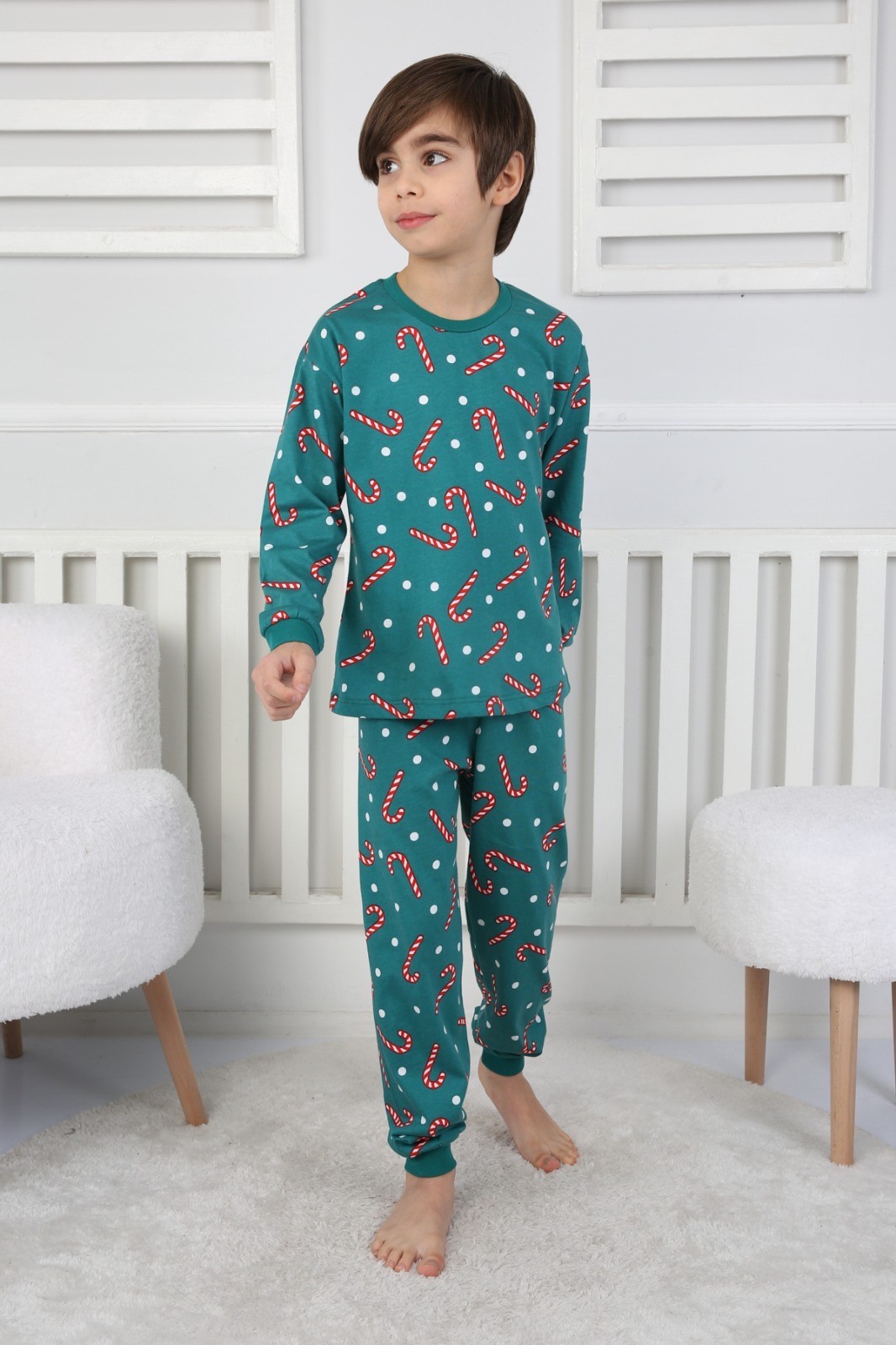 MinyKids Yılbaşı Desen Yeşil Unisex Pijama Takım