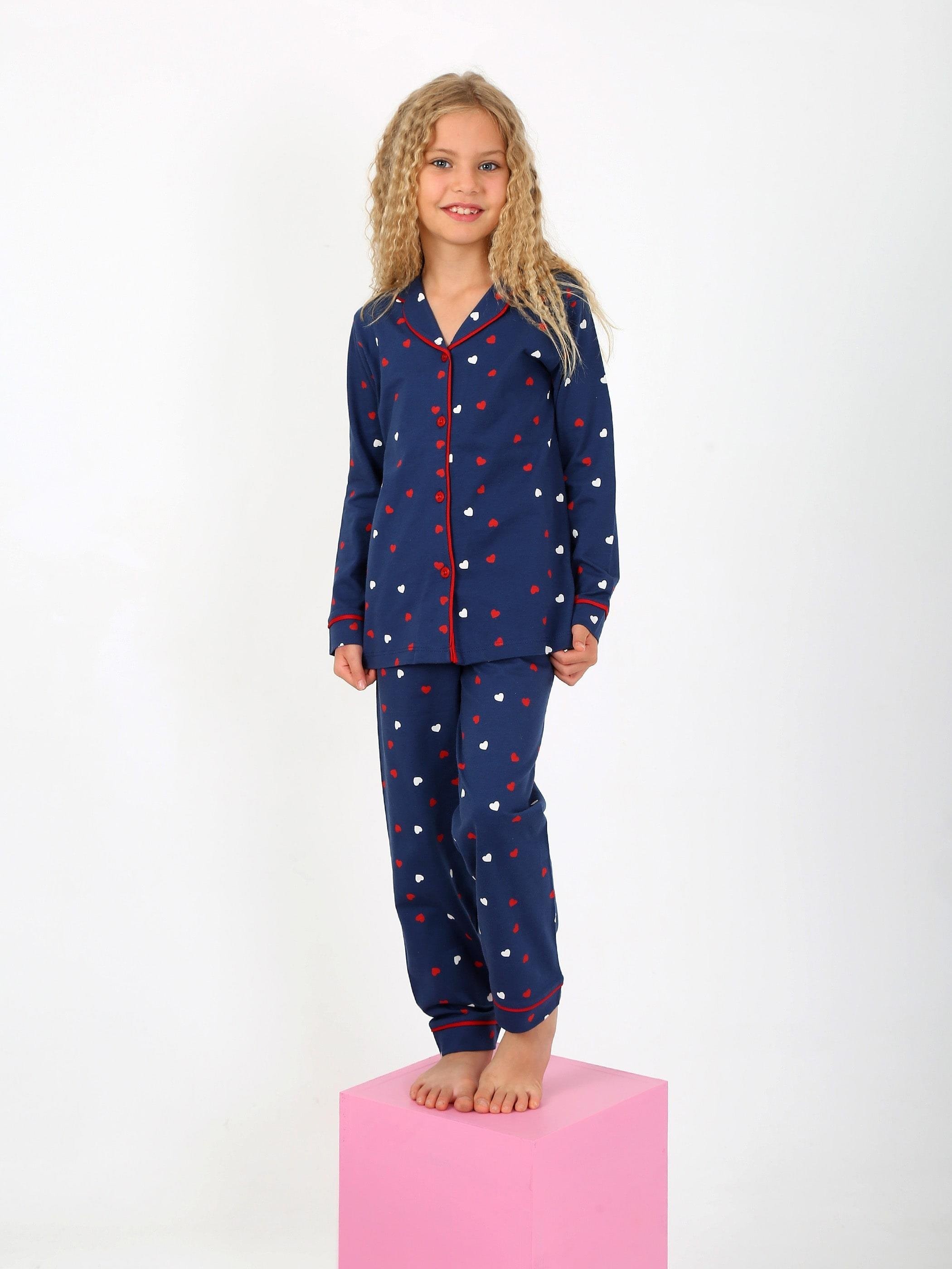 MinyKids Kalp Desen Lacivert Düğmeli Kız Çocuk Pijama Takım