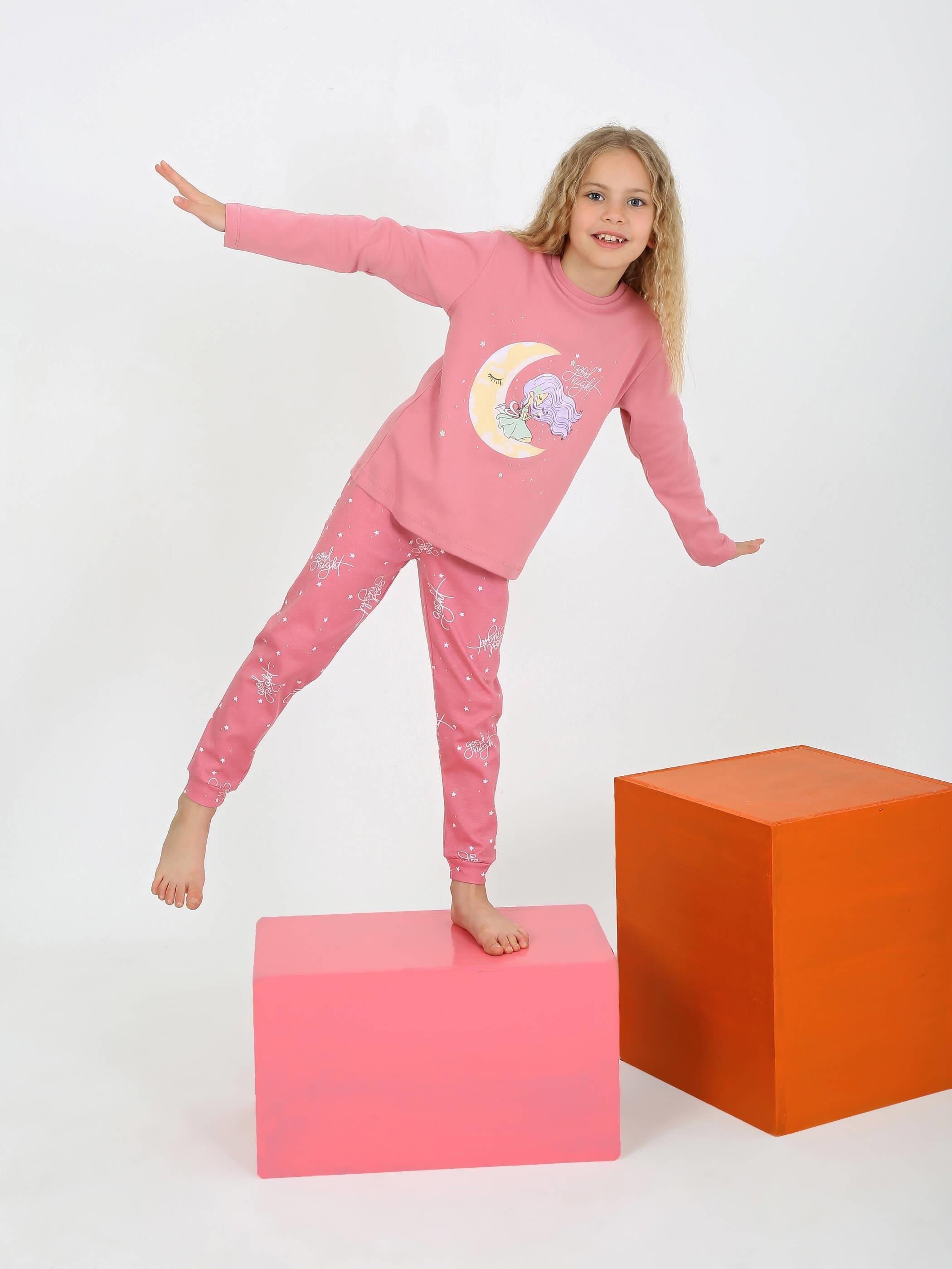 MinyKids Ay Desen Gül Kurusu Kız Çocuk Pijama Takımı