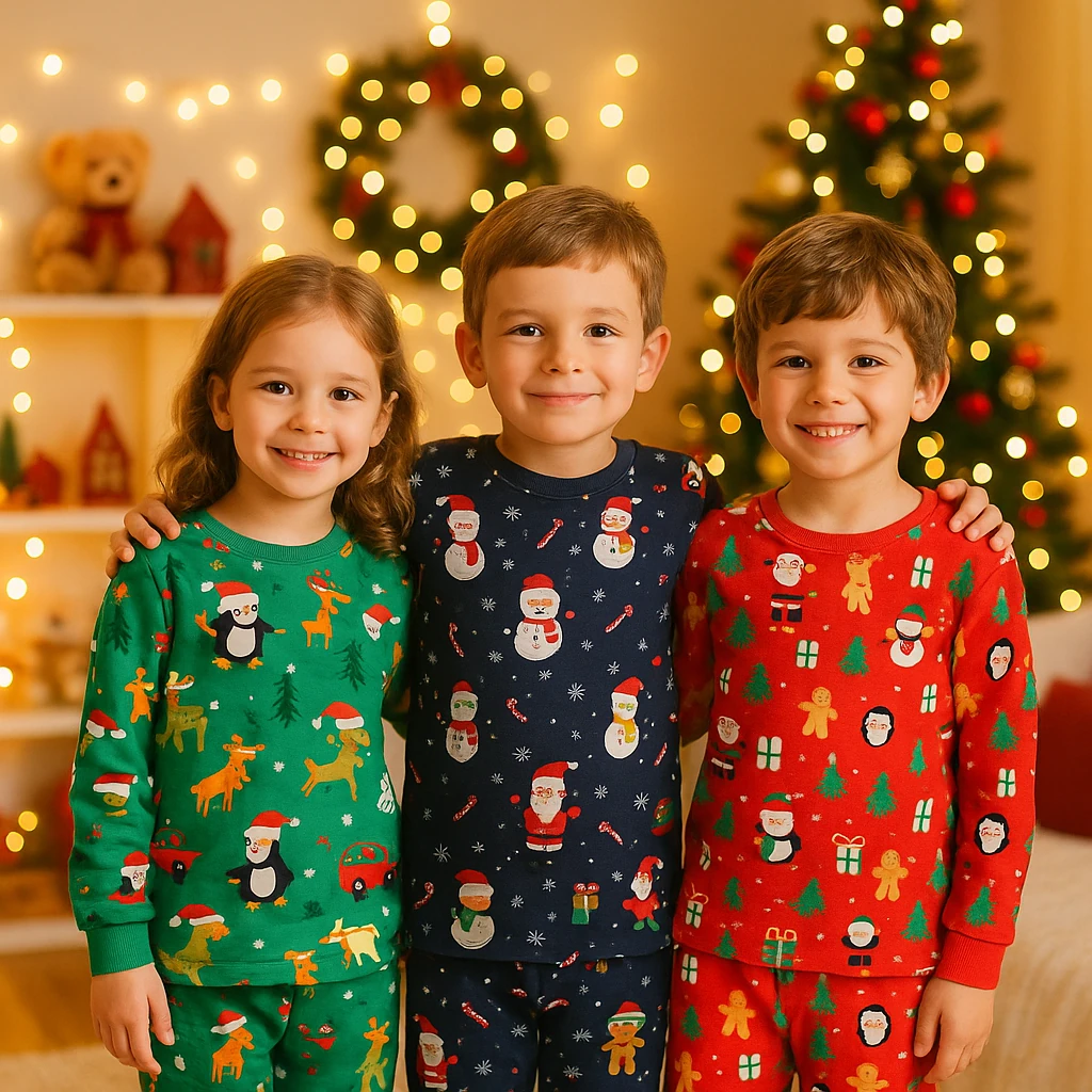 Yılbaşı Desen Kırmızı Unisex Çocuk Pijama Takım