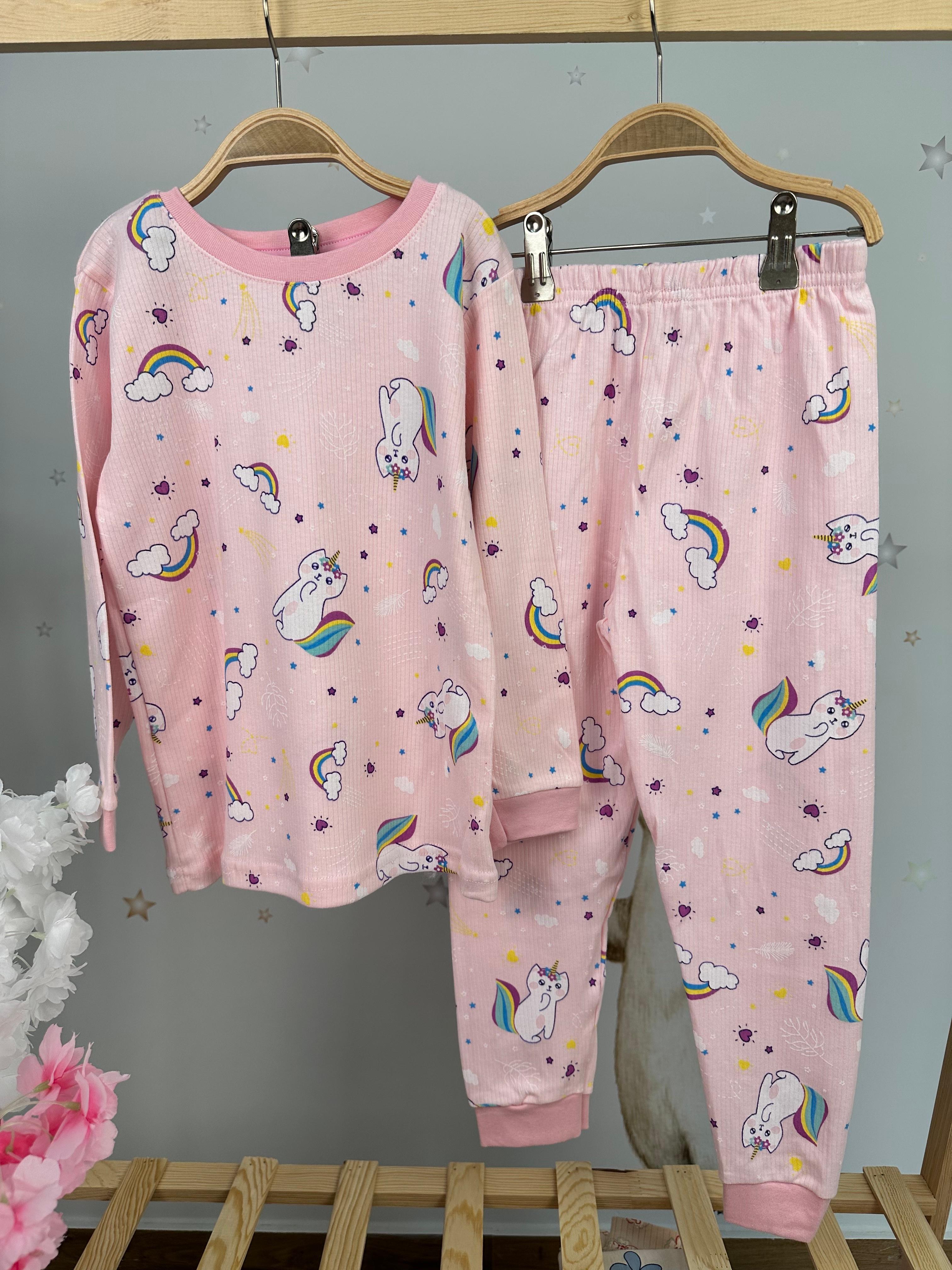 MinyKids Unicorn Kedicik Fitilli Açık Pembe Kız Çocuk Pijama Takım