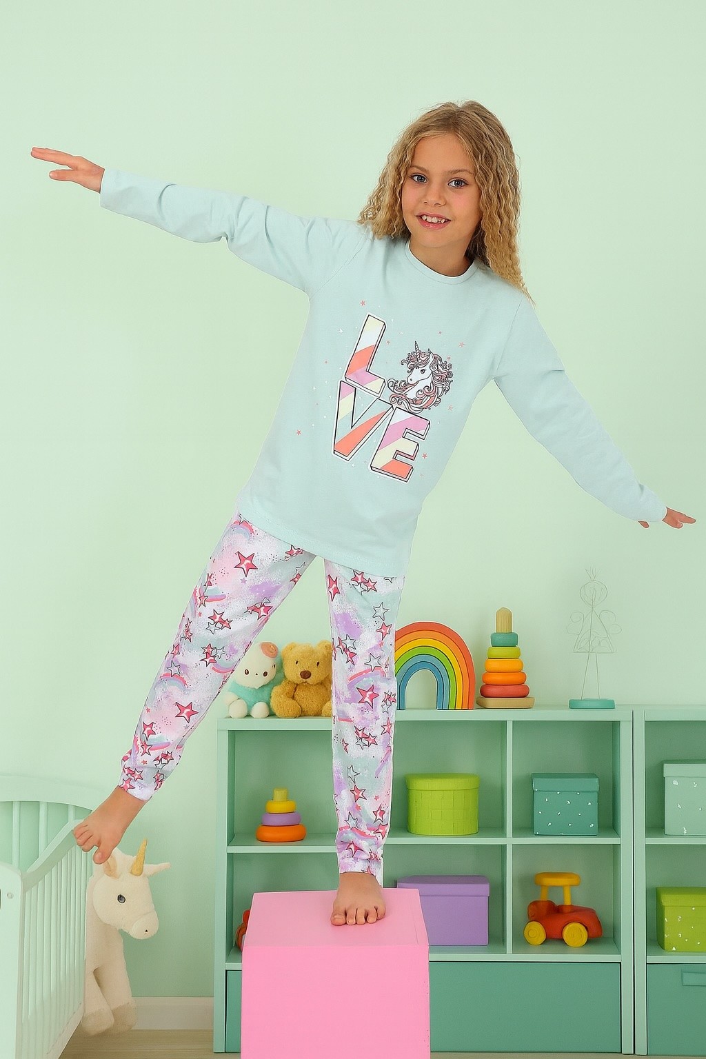 MinyKids Yıldız Desen %100 Pamuk Mint Yeşili Kız Çocuk Pijama Takım