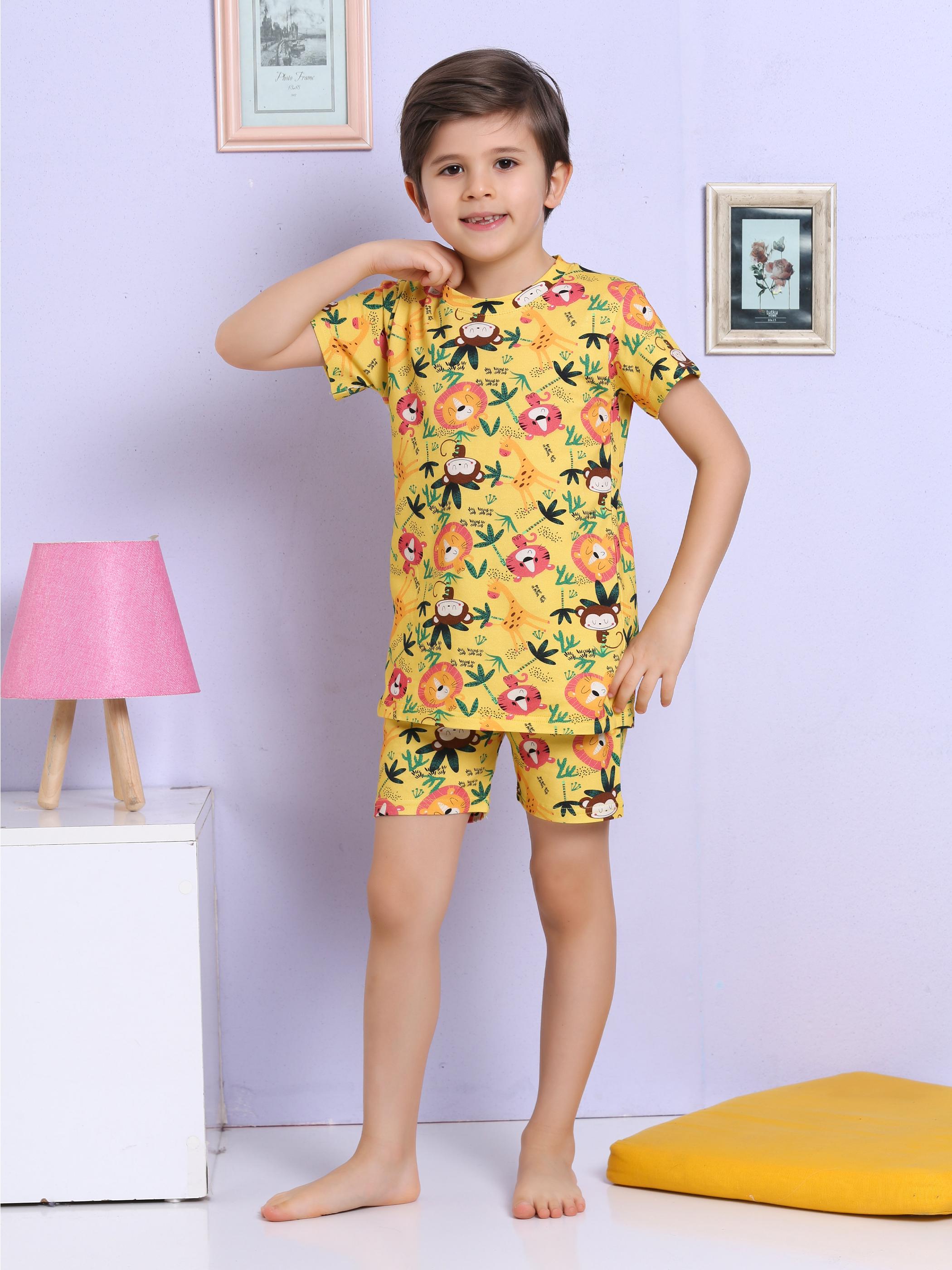 MinyKids Hayvan Desenli Sarı Şortlu Pijama Takımı