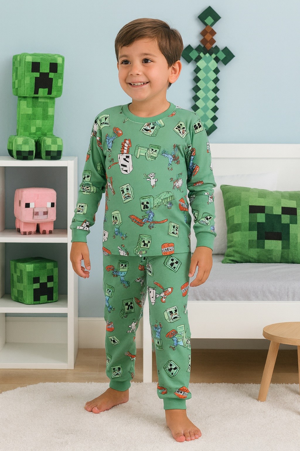 MinyKids Minecraft Desen %100 Pamuk Yeşil Erkek Çocuk Pijama Takım