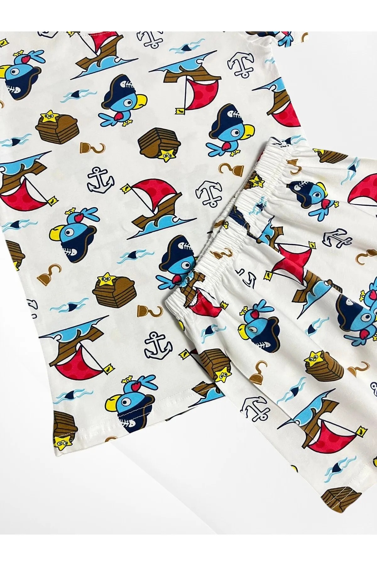 MinyKids Yelken Desen Beyaz Şortlu %100 Pamuklu Erkek Çocuk Pijama Takım