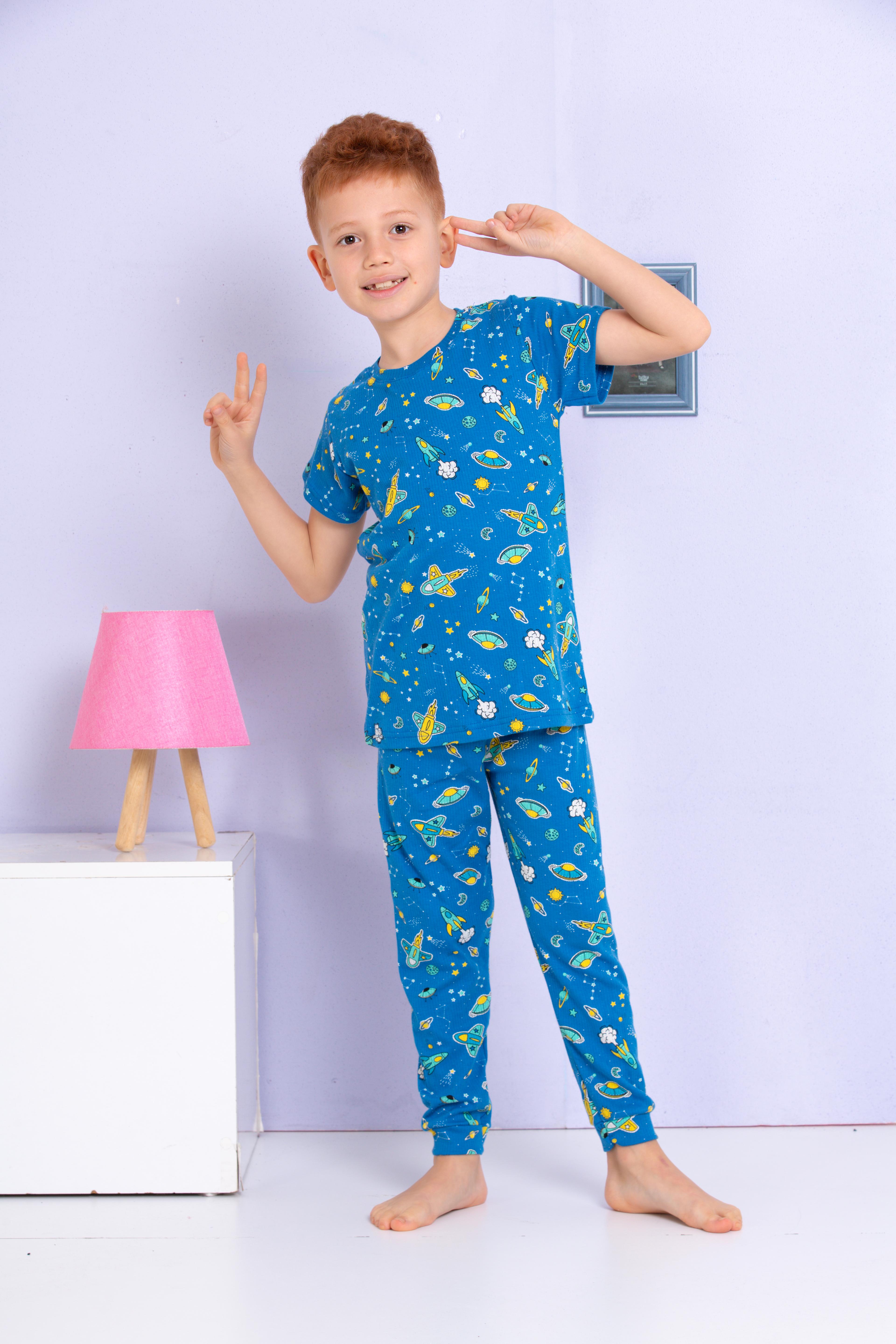 MinyKids Uzay Desenli Fitilli Kumaş Mavi Pijama Takımı