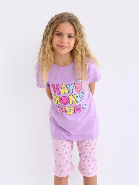 MinyKids Kalp Desen Lila Kapri %100 Pamuklu Kız Çocuk Pijama Takım