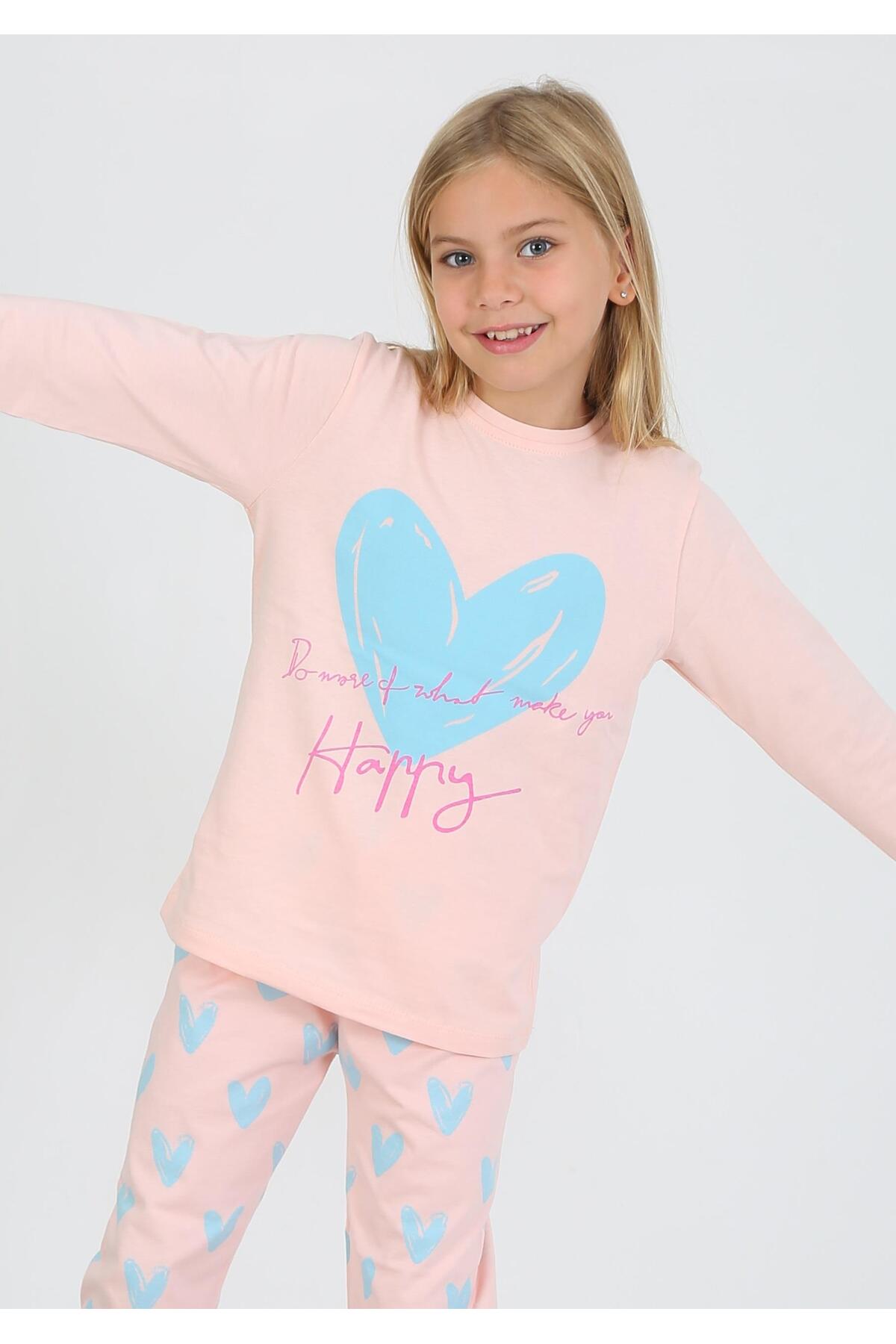 Kalp Desen %100 Pamuk Pudra Pembe Kız Çocuk Pijama Takım