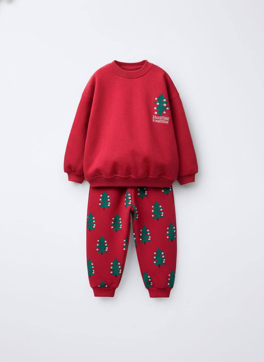 Yılbaşı Desen 2-7 Yaş Unisex Kırmızı 3 İplik Şardonlu %100 Pamuk Altüst Takım