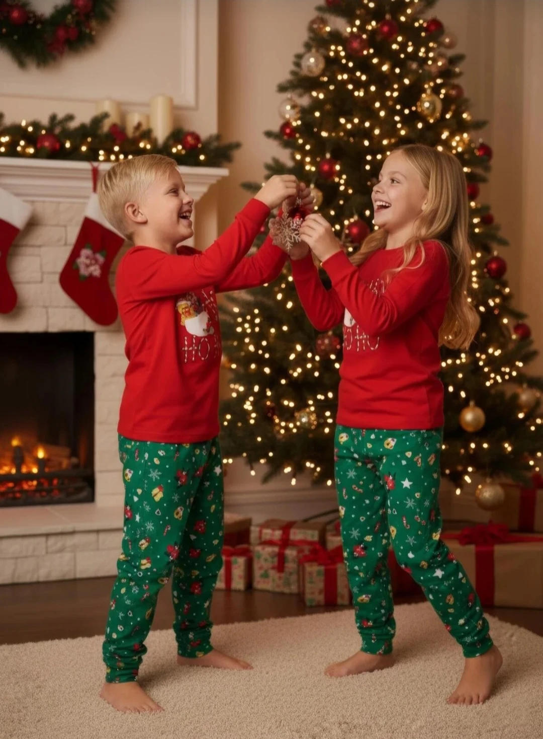 Yılbaşı Desen Kırmızı-Yeşil Unisex Çocuk Pijama Takım