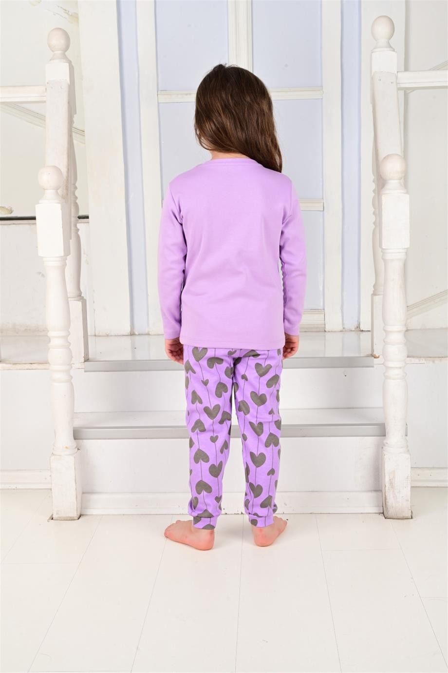 MinyKids Kalp Desen Lila Kız Çocuk Pijama Takım