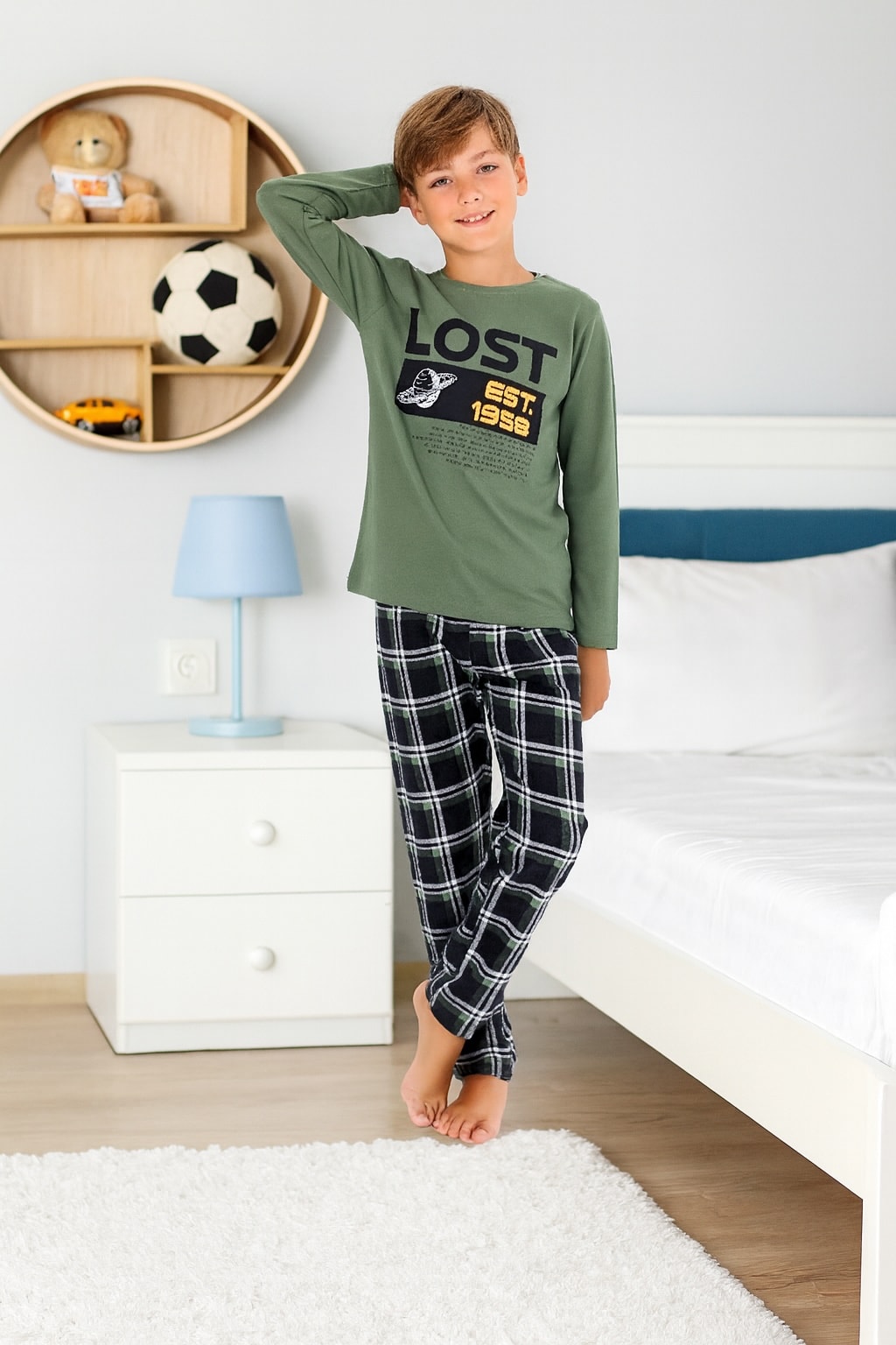 Gezegen Desen Yeşil %100 Pamuk Erkek Çocuk Pijama Takım