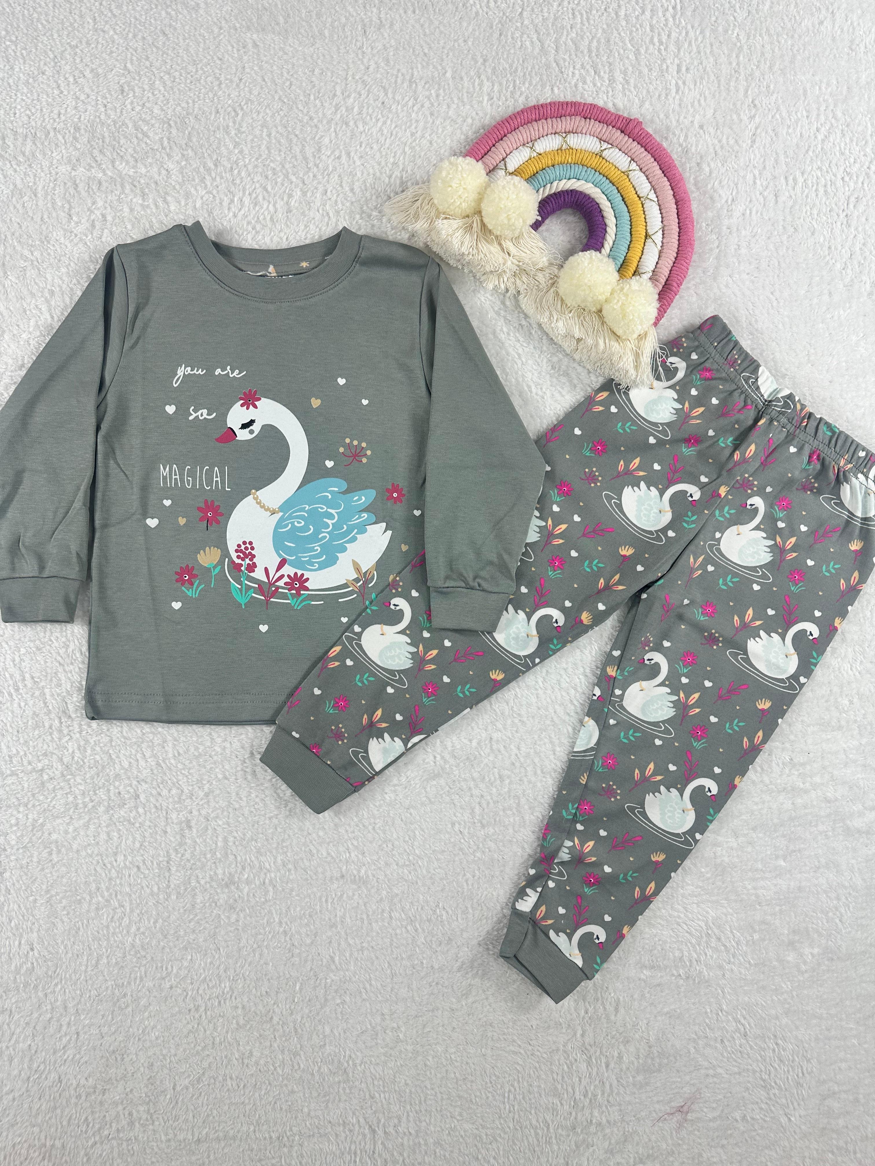 MinyKids Kuğu Desen Gri Kız Çocuk Pijama Takım