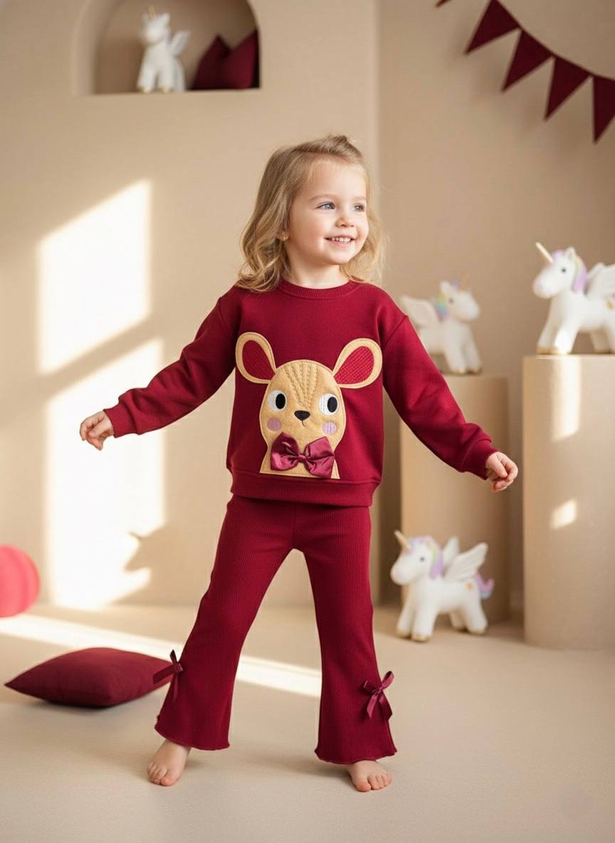 Fiyonk Detaylı Bordo 3 İplik %100 Pamuk Kız Çocuk Alt Üst Takım