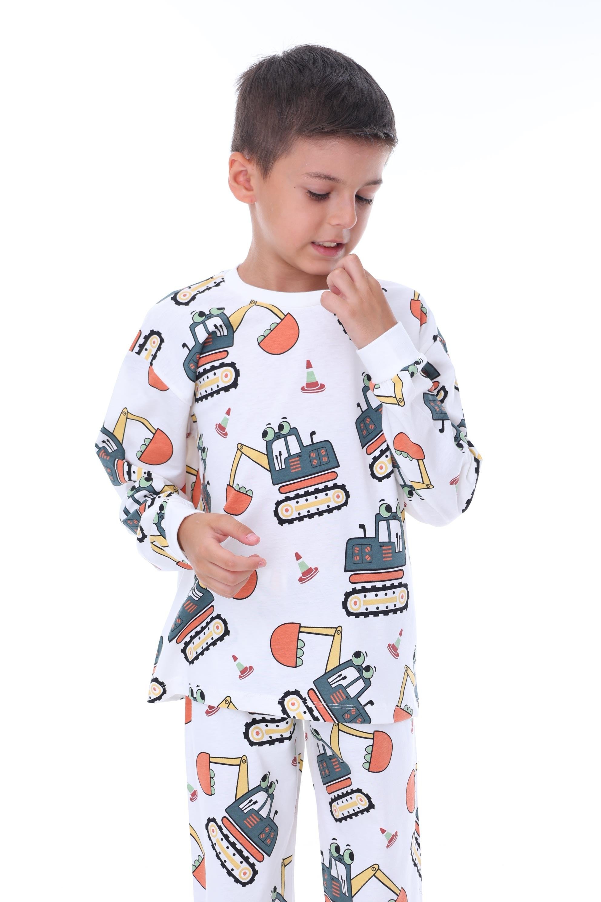 MinyKids İş Makinası Desenli Beyaz Çocuk Pijama Takımı